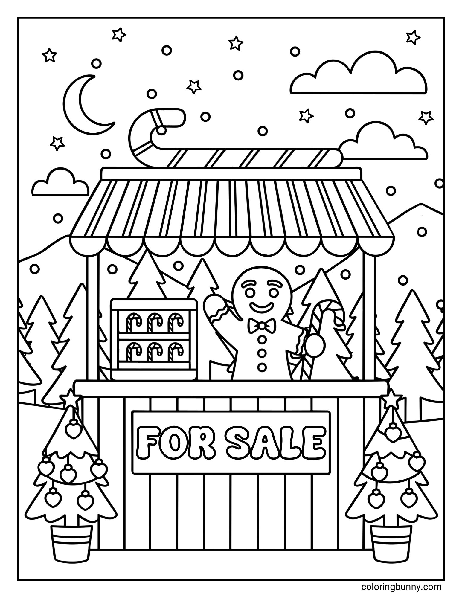 A coloring sheet featuring a gingerbread man behind a stall with a "FOR SALE" sign. He holds a candy cane under a striped roof topped with a giant candy, set against a starry night sky with a crescent moon.
