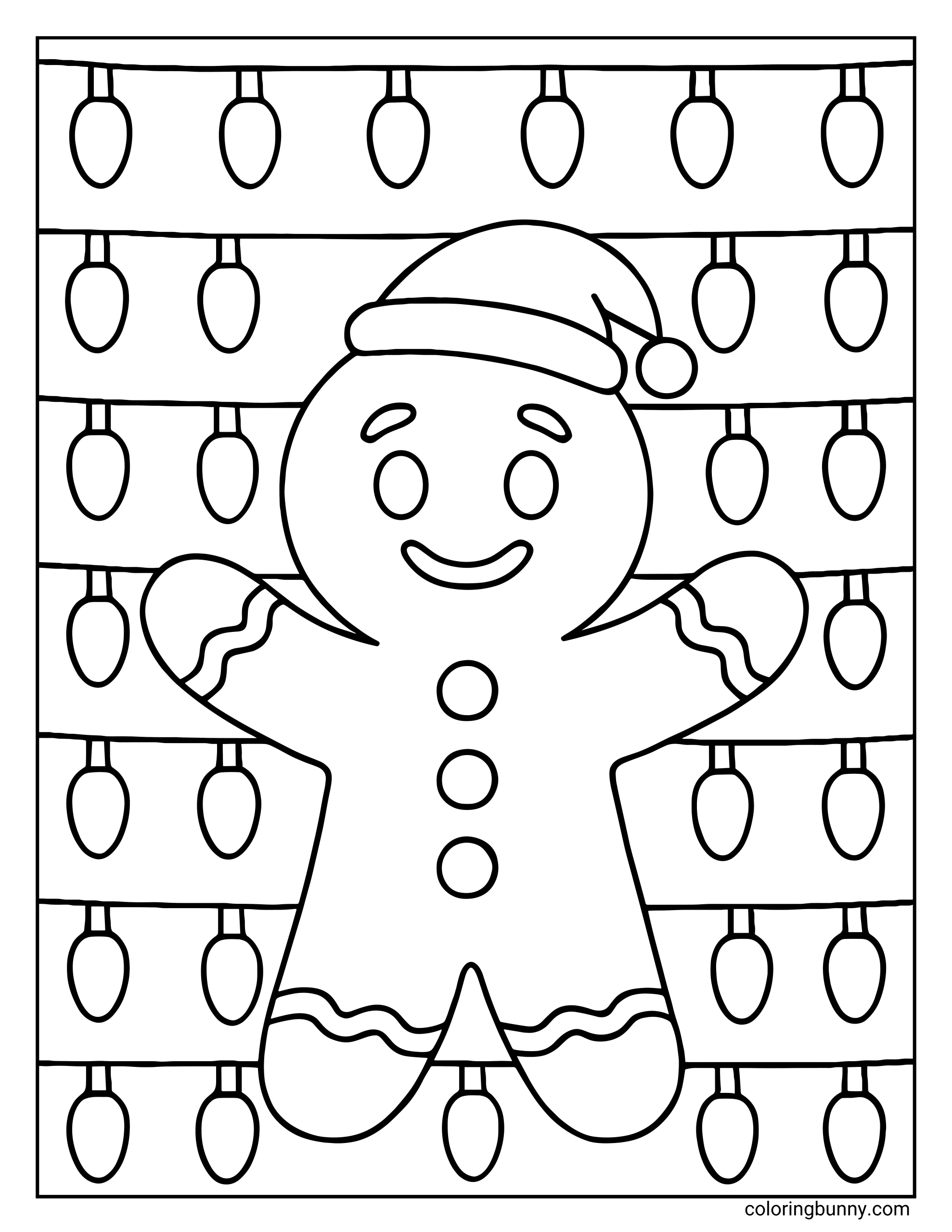 A coloring page featuring a gingerbread man wearing a Santa hat. He stands in front of a background filled with horizontal rows of hanging Christmas light bulbs.