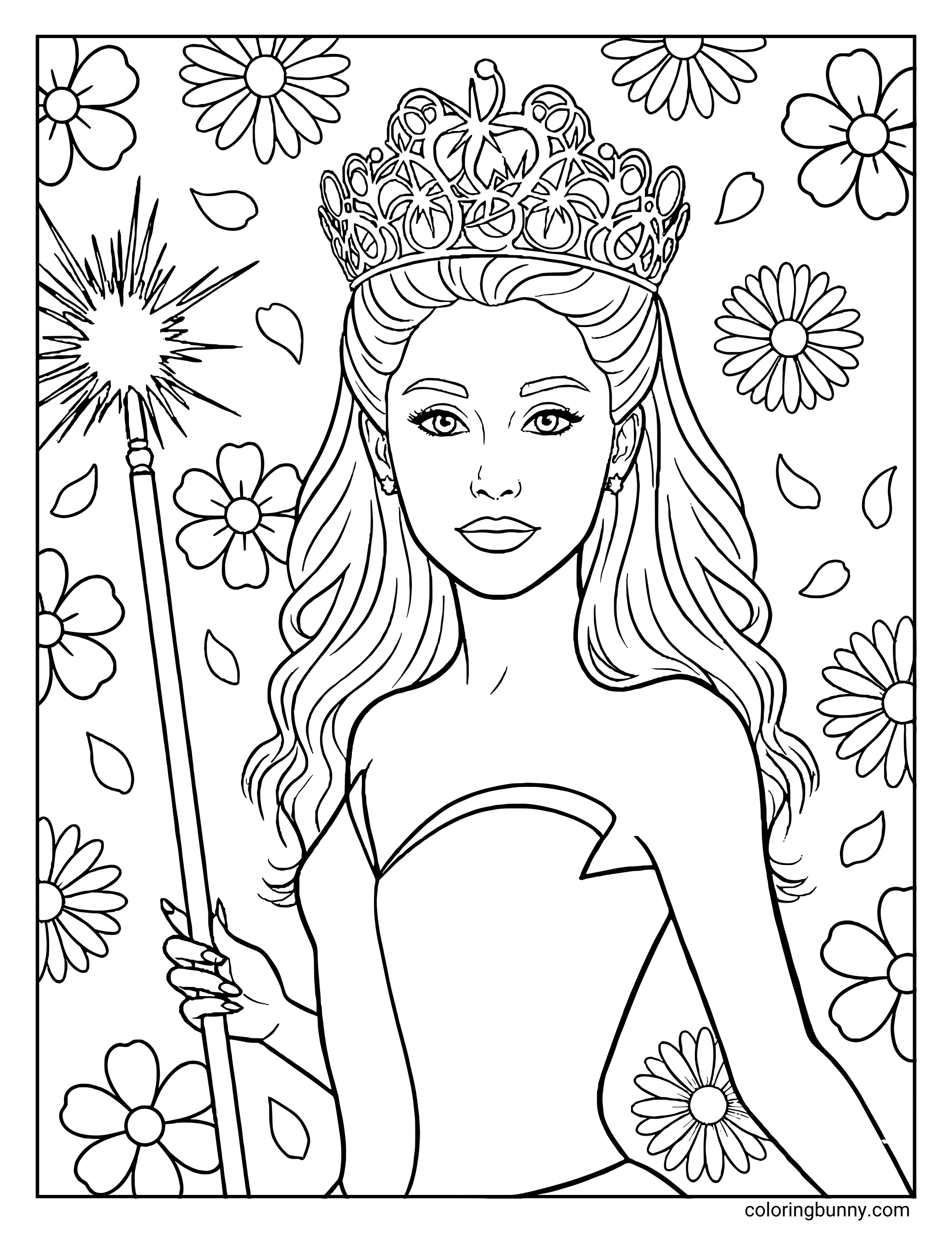 A Wicked For Good coloring page featuring Glinda, a glamorous good-witch holding a glowing wand. She wears an ornate crown with swirling designs, long wavy hair, and a strapless gown. The background is filled with large daisies and falling petals.