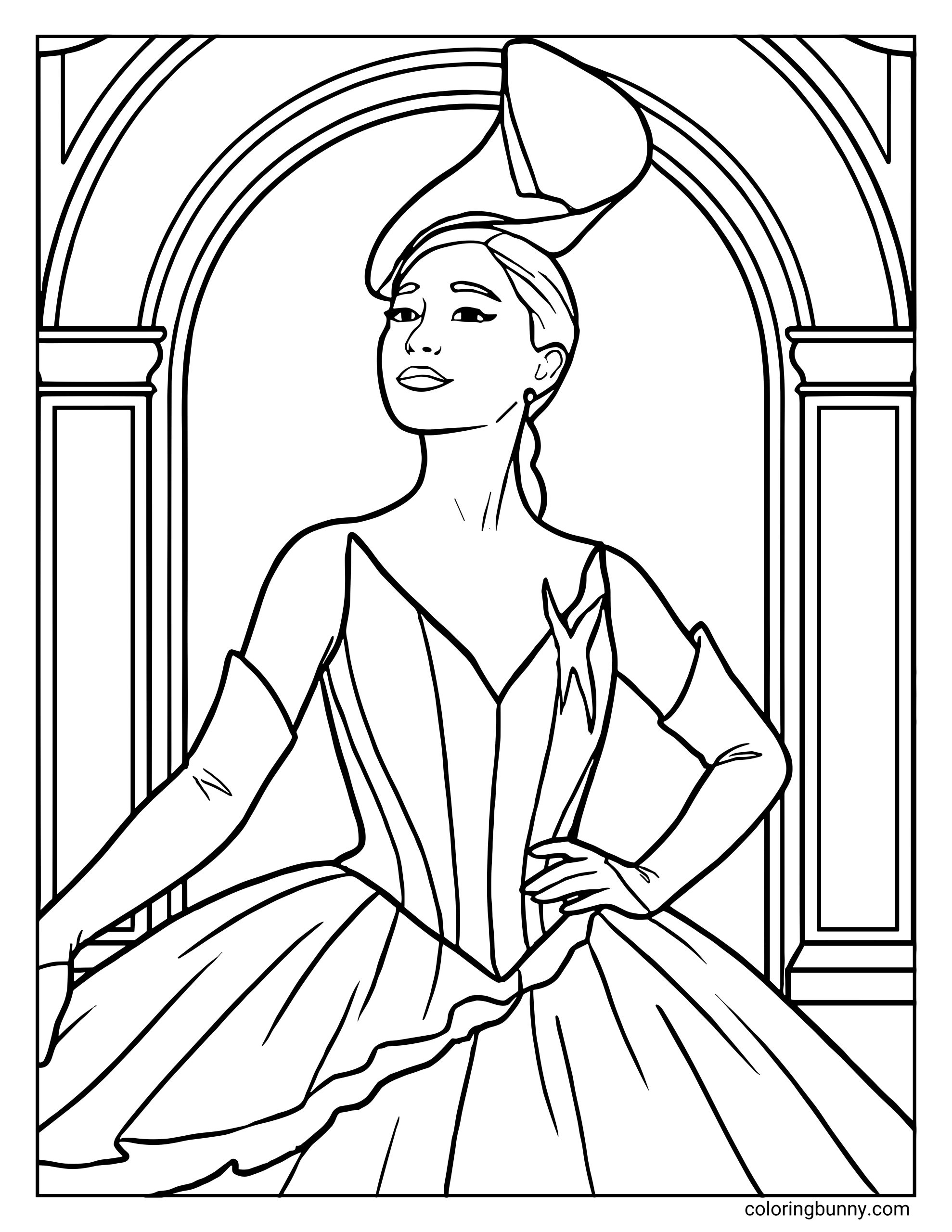 A Wicked For Good coloring page of Glinda, a glamorous good-witch standing confidently in a grand archway. She wears a large decorative hat, a fitted bodice with a star-shaped accent, long gloves, and a voluminous gown. One hand rests on her waist while the other lifts her skirt slightly as she poses elegantly.