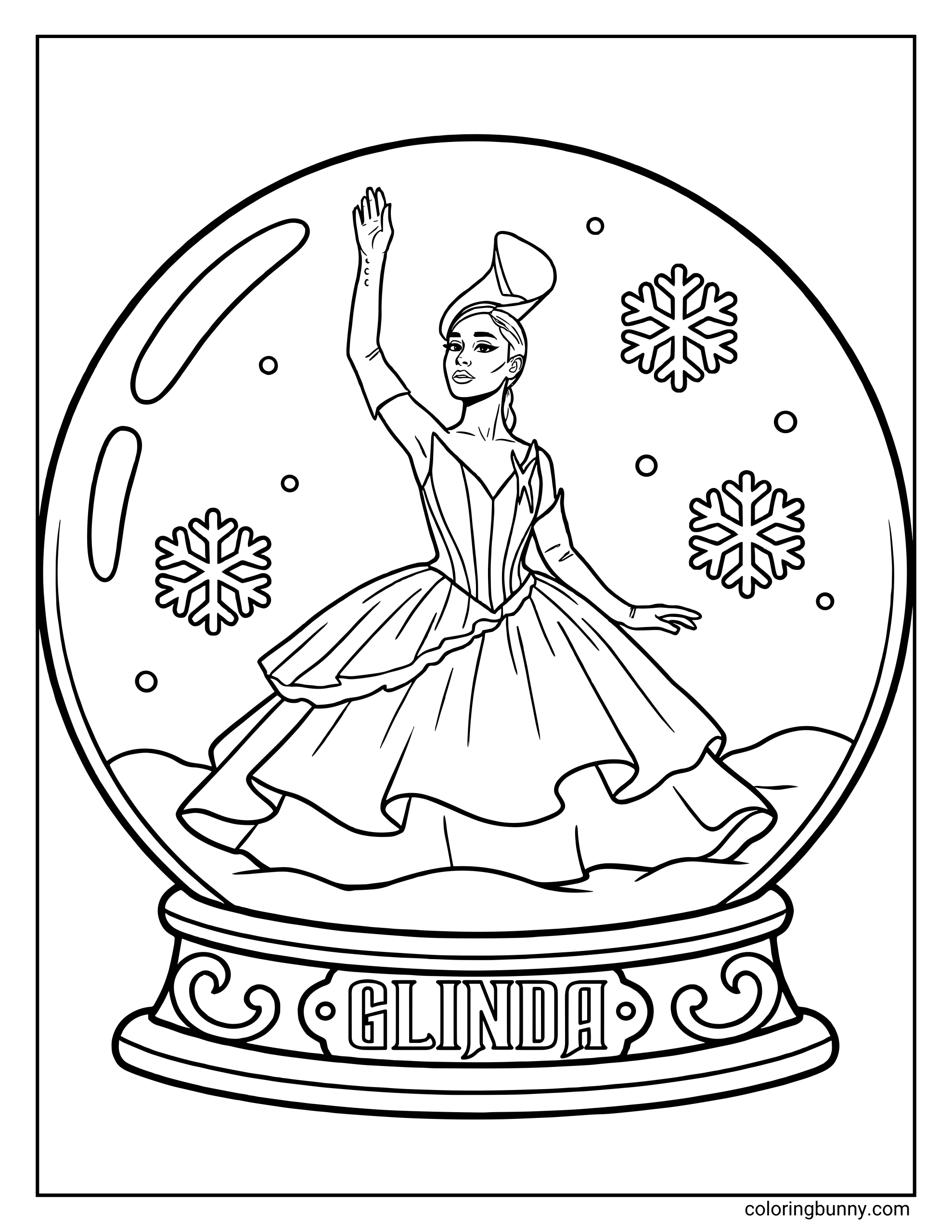 A Wicked For Good coloring page showing Glinda inside a large snow globe. She wears a flowing gown and tall decorative hat, raising one hand gracefully as snowflakes and small snow dots float around her. The base of the globe is ornate and labeled “GLINDA".