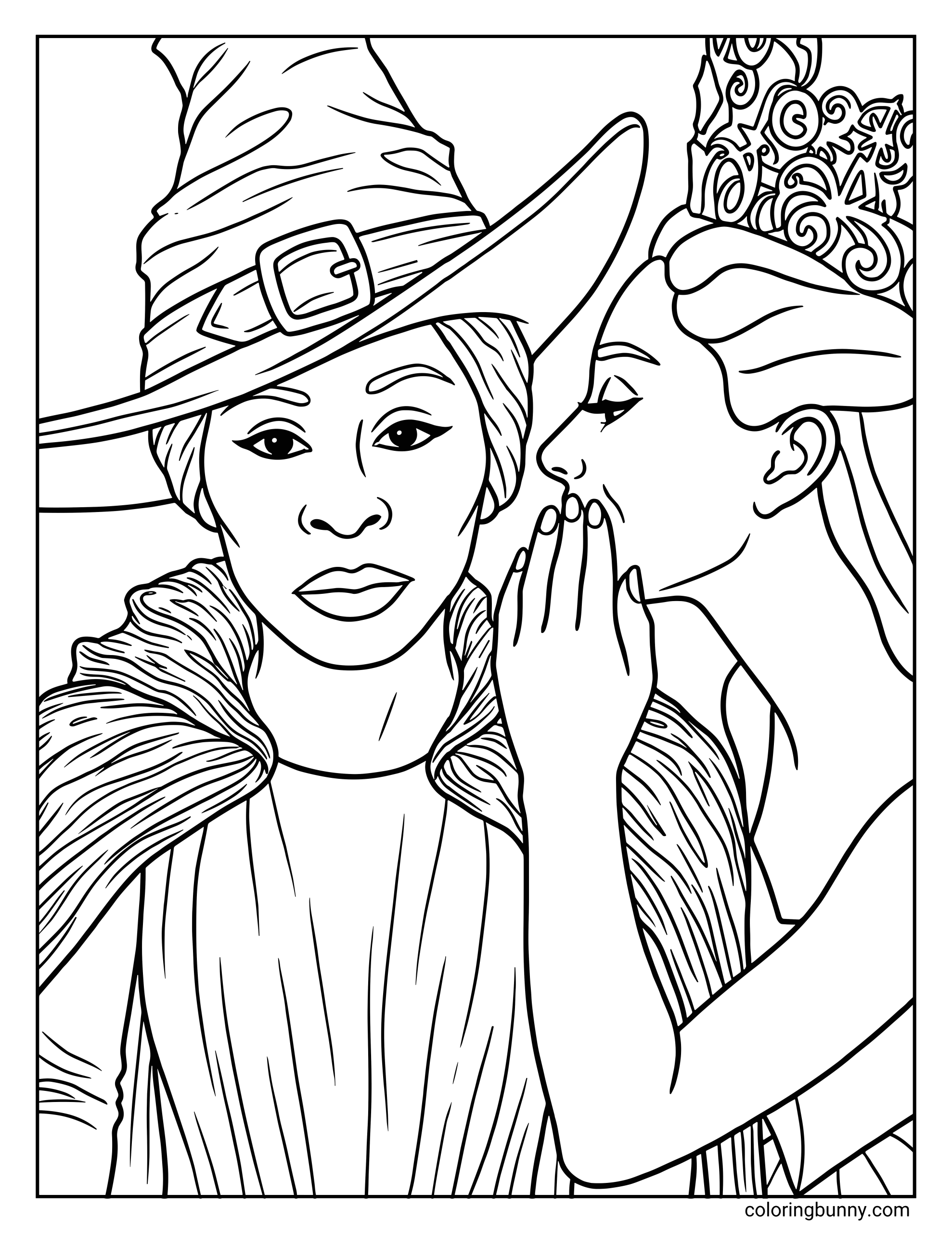 A Wicked For Good coloring page showing Glinda whispering into Elphaba's ear. The good-witch Glinda leans in to whisper a secret, while Elphaba looks ahead with a calm, thoughtful expression.