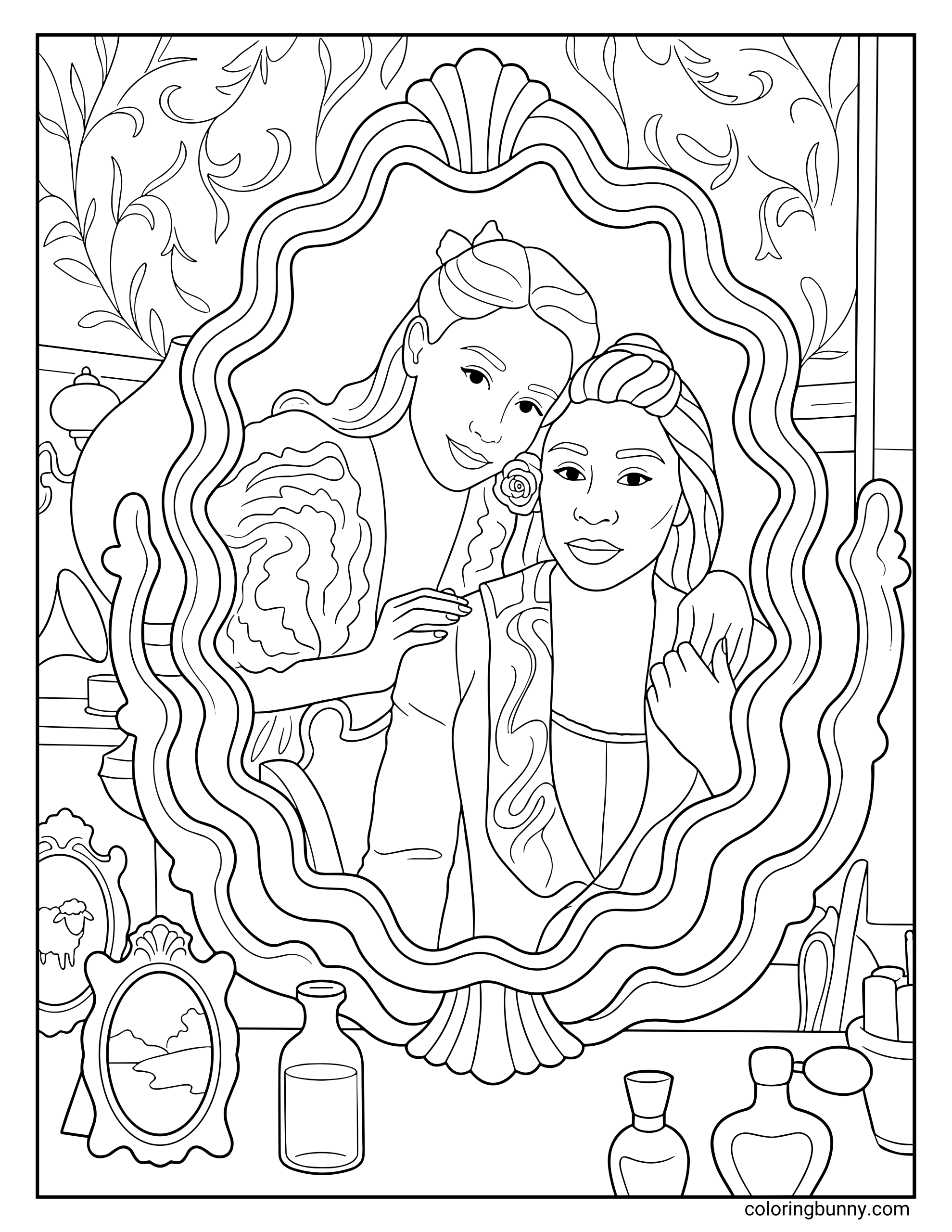 A coloring page of Glinda leaning affectionately over Elphaba's shoulder, shown as a reflection in an ornate vanity mirror surrounded by perfume bottles and small picture frames.