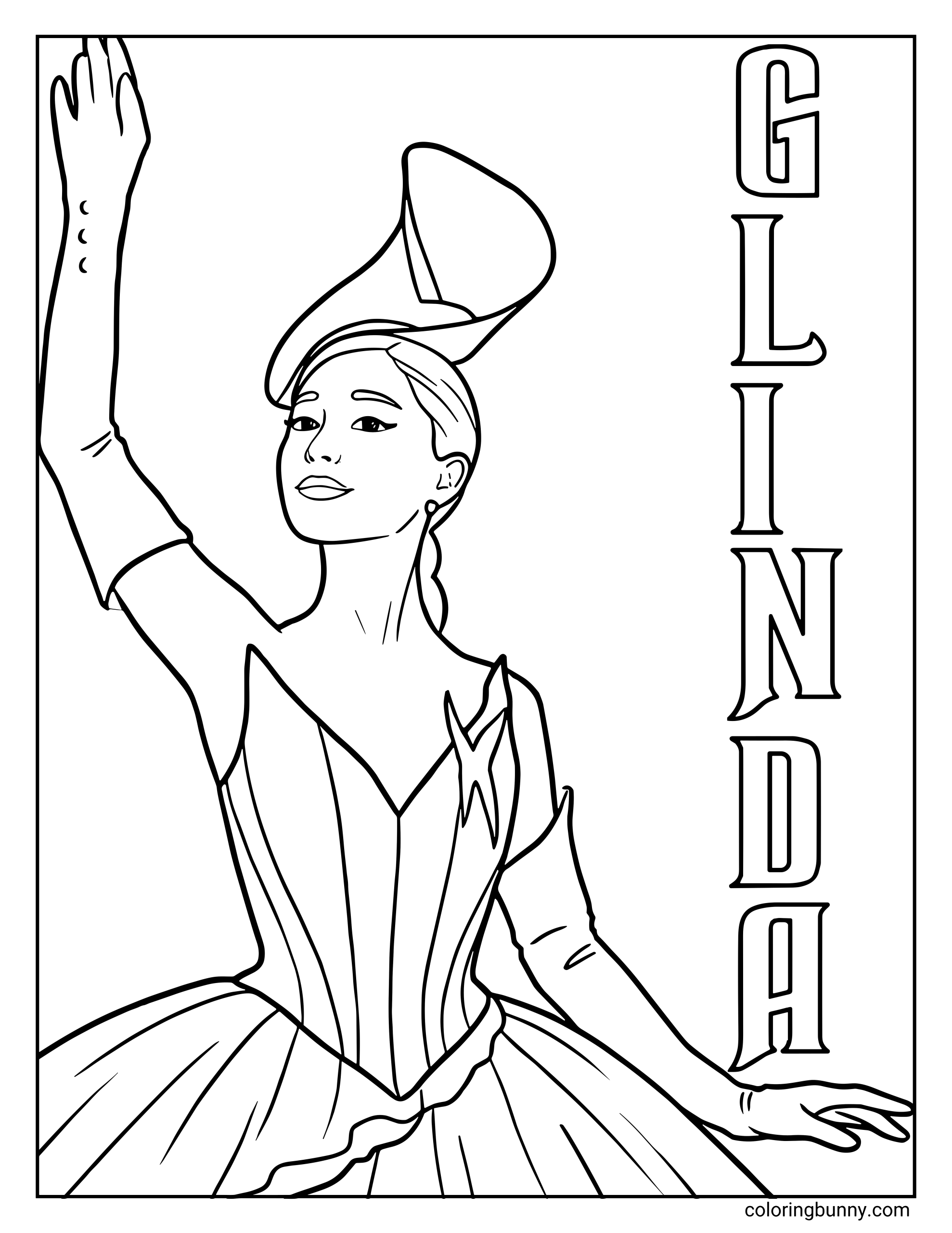 A Wicked For Good coloring page of a graceful good-witch named Glinda, shown posing with one arm raised as she stands in a flowing gown and decorative hat. Her bodice features a star-like accent, and the word “GLINDA” is written vertically along the right side of the page.