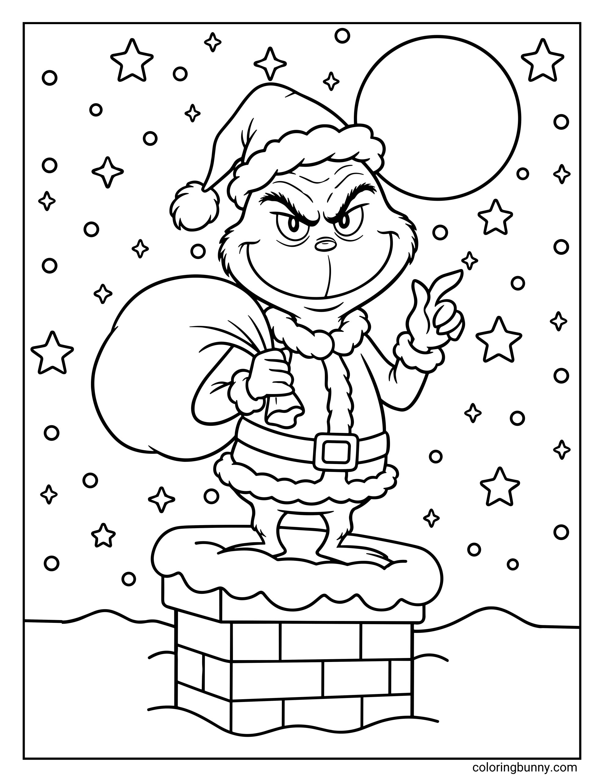 A Grinch coloring page showing the Grinch in a Santa outfit standing on a snowy chimney with a sack over his shoulder, pointing upward under a starry night sky with a large moon.