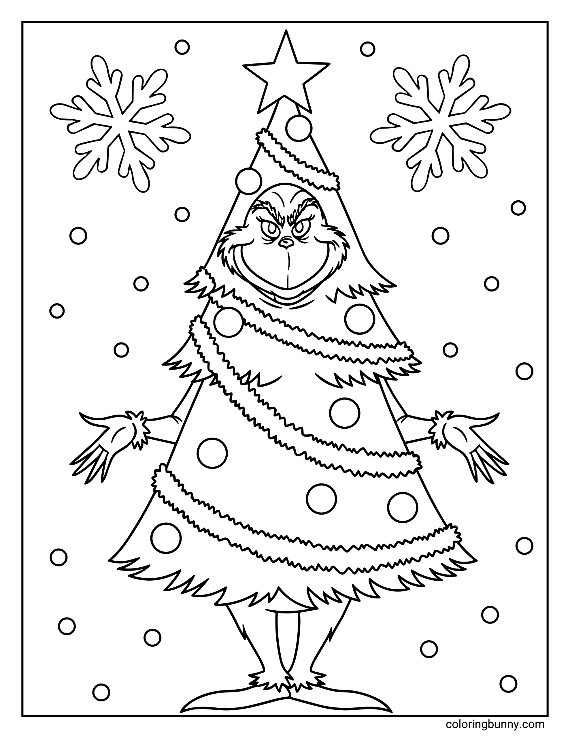 A Grinch coloring page showing the Grinch dressed as a Christmas tree, complete with garland, ornaments, a star on top, and snowflakes in the background.
