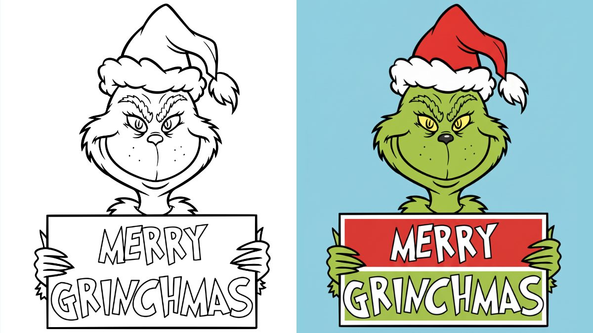 Grinch Coloring Pages with Merry Grinchmas Sign