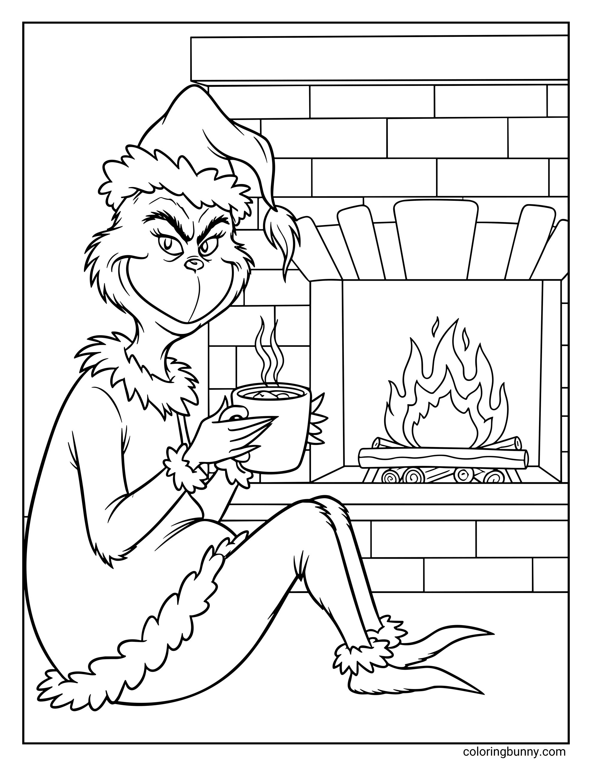 A cozy Grinch coloring page showing the Grinch in a Santa hat sitting by a fireplace, holding a steaming mug of hot cocoa with a cozy fire burning behind him.