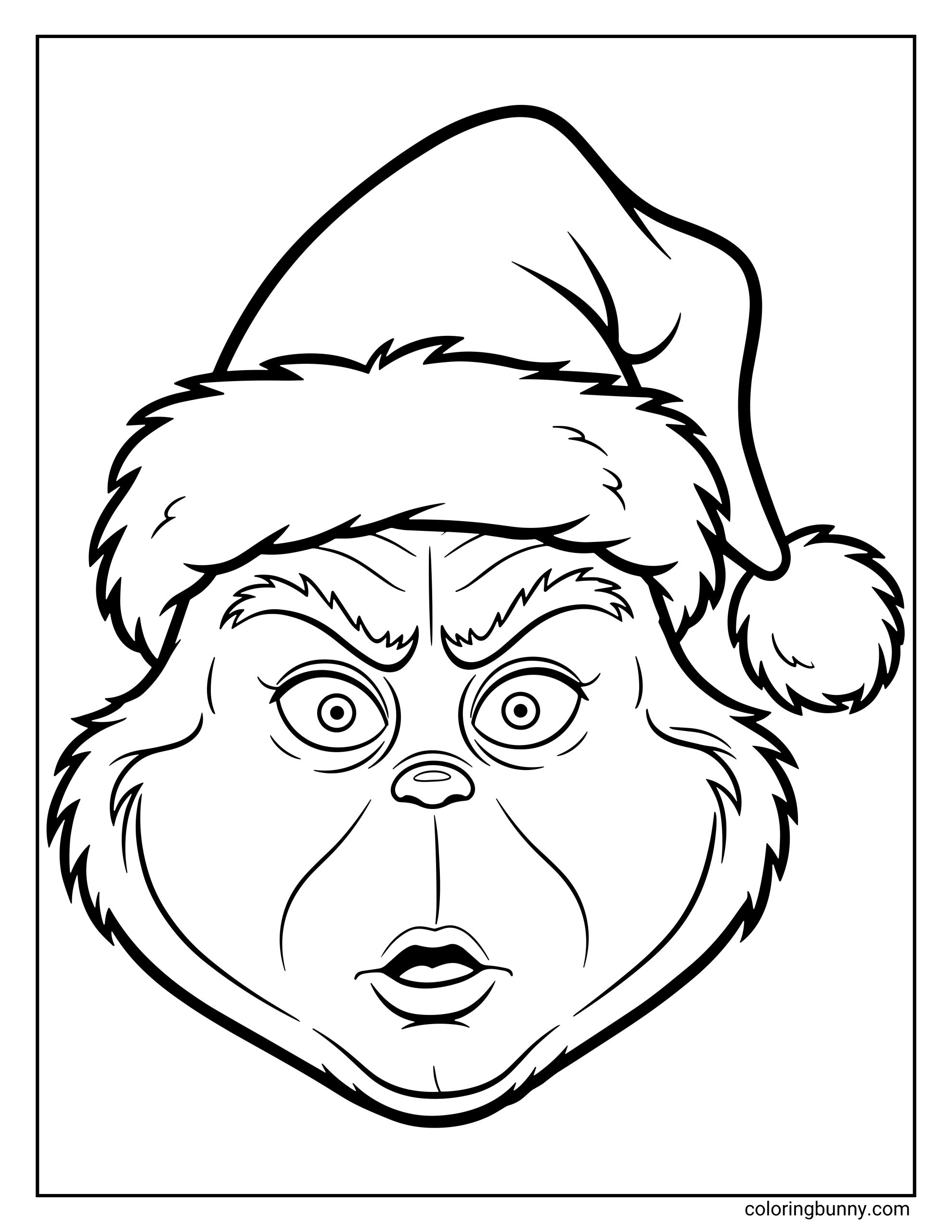 A Grinch Christmas coloring page showing a close-up of the movie-style Grinch (year 2000) wearing a Santa hat with a wide-eyed, shocked expression.