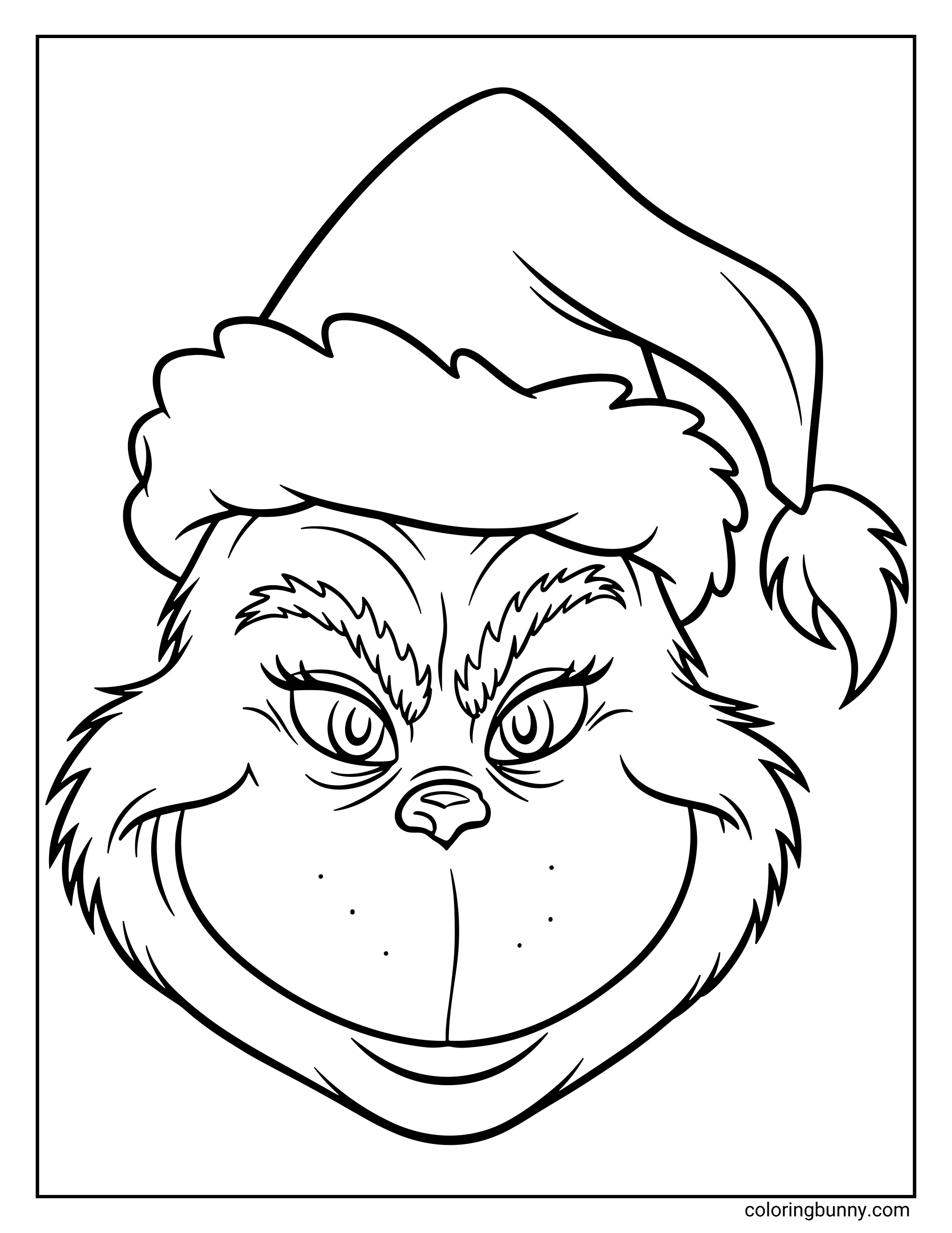 A Christmas Grinch coloring page showing a close-up of the Grinch’s face wearing a big Santa hat, smirking with his classic mischievous expression.