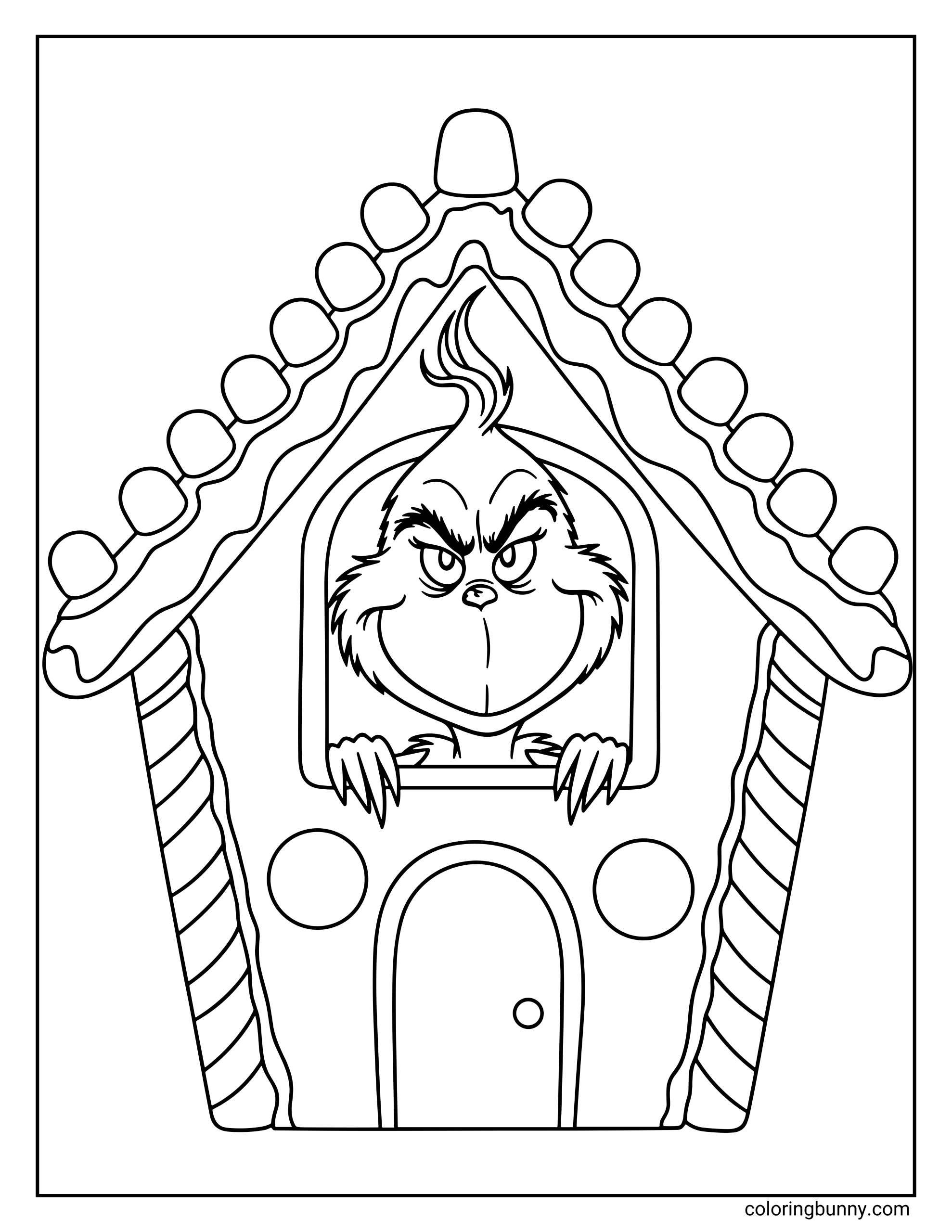 A Grinch coloring page showing the Grinch peeking grumpily out of the top window of a gingerbread house decorated with candies and icing.