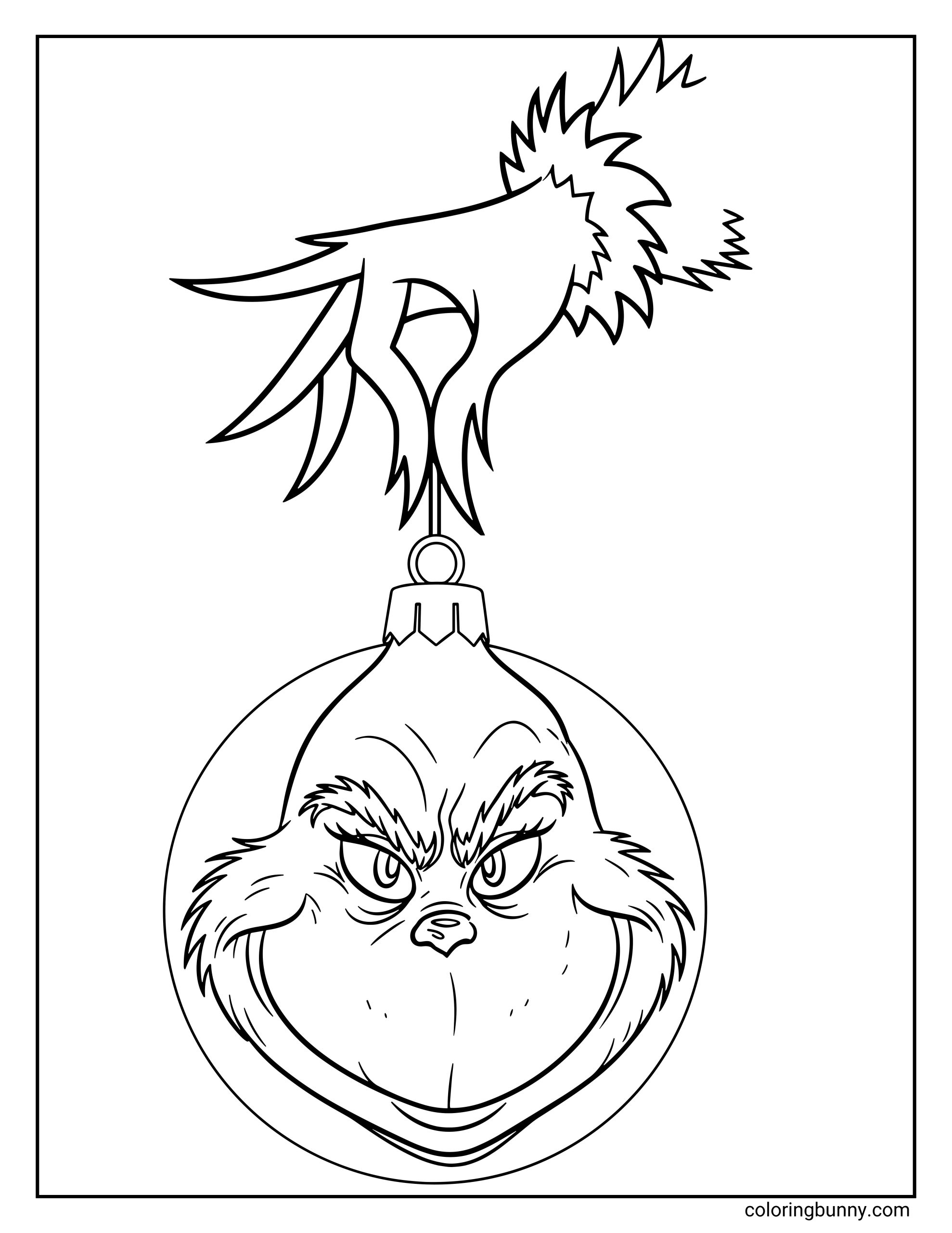 A Grinch coloring page showing the Grinch’s furry hand holding a Christmas bauble with his grumpy face printed on it.
