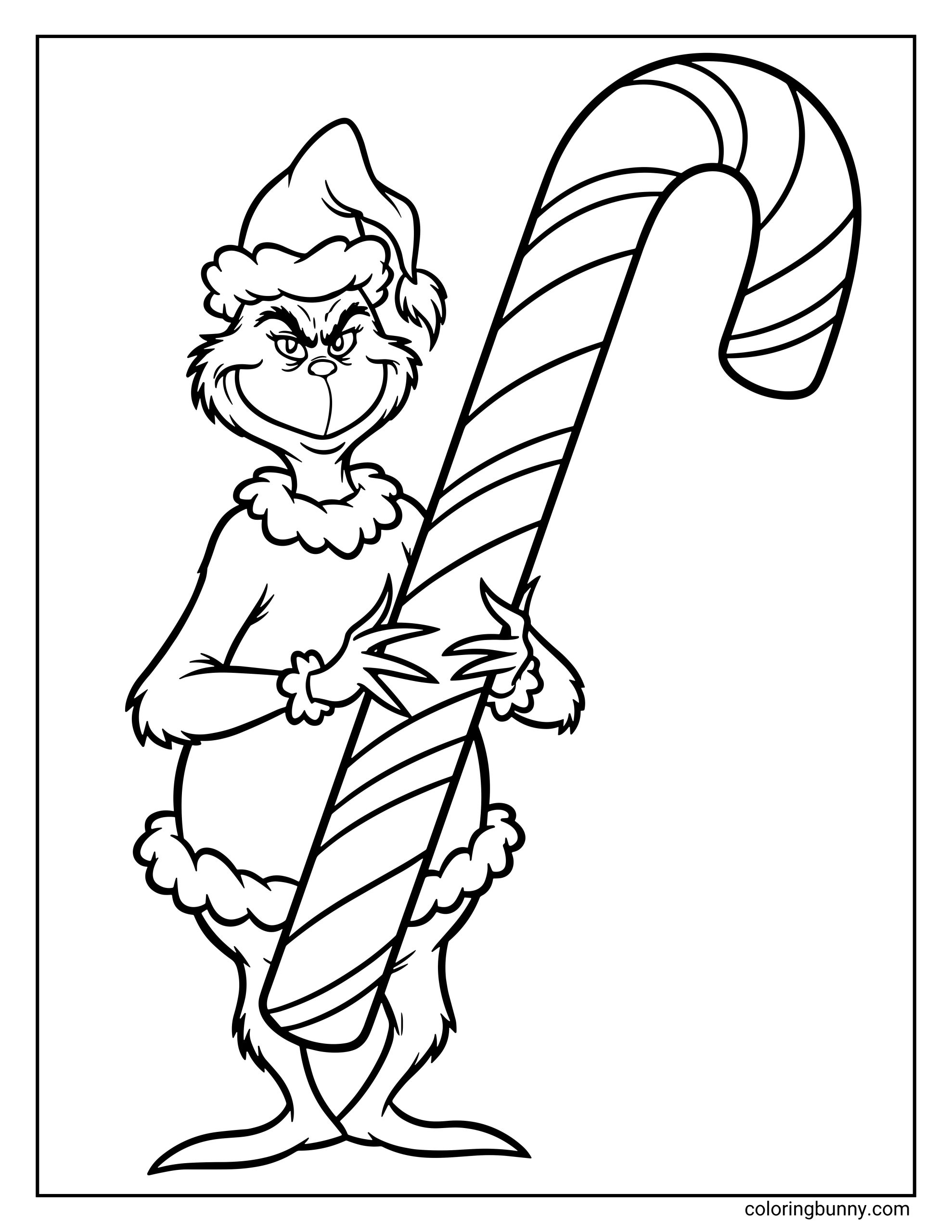 A Grinch coloring page showing the Grinch in a Santa hat holding an oversized candy cane with a mischievous expression.