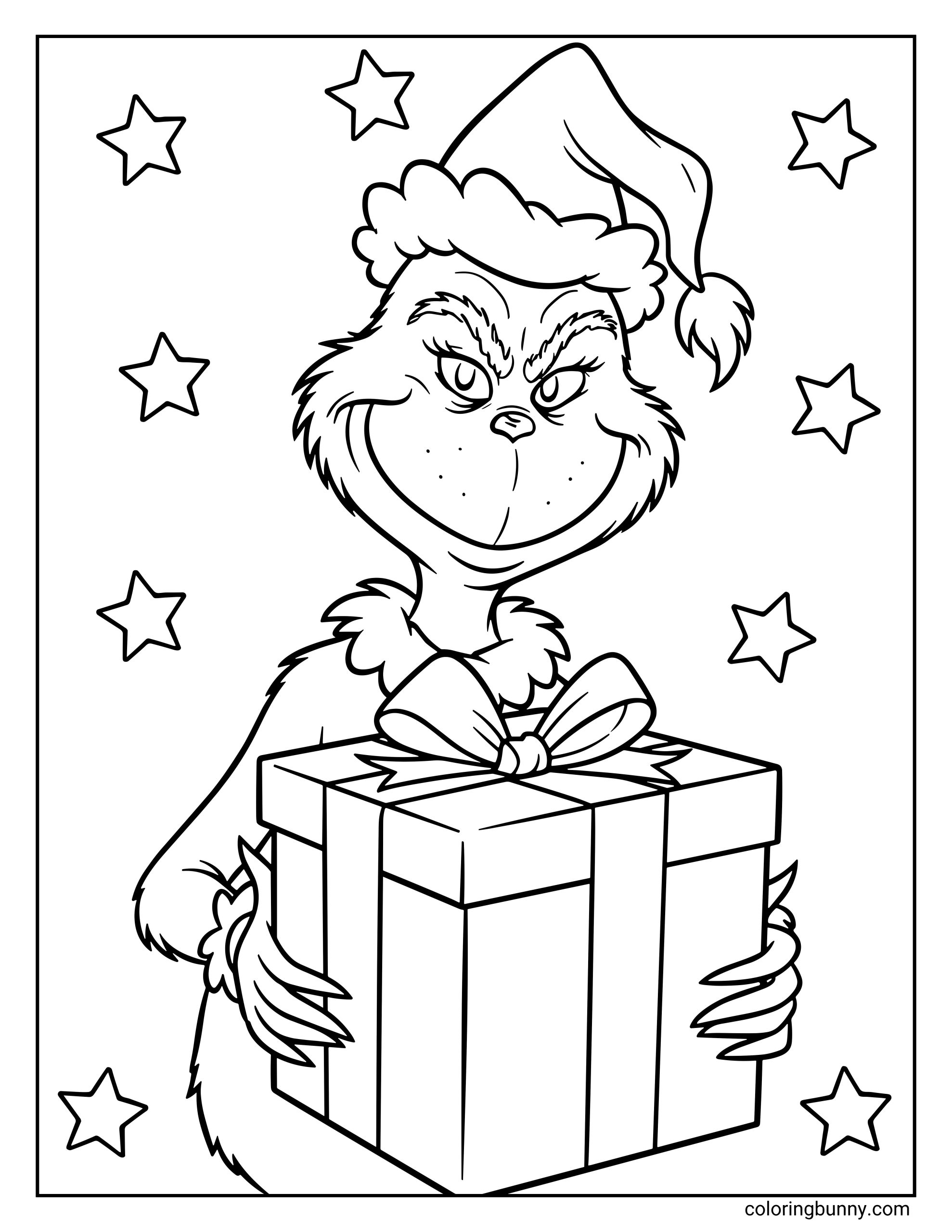 A Grinch coloring page showing the Grinch wearing a Santa hat and holding a large wrapped Christmas present with a big bow, surrounded by stars.