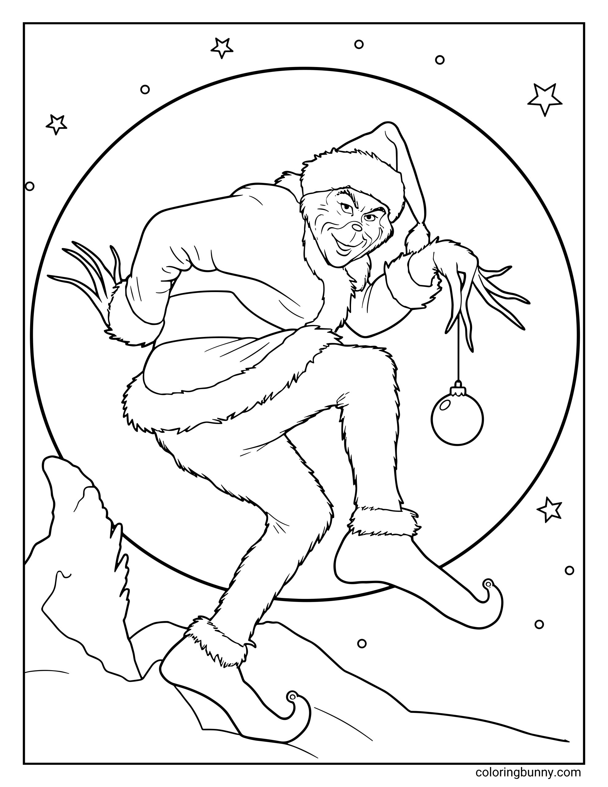 A Grinch coloring page showing the Grinch in a Santa outfit sneaking with curled shoes and long fingers, holding a Christmas bauble as he tiptoes in front of a large full moon with stars around him.