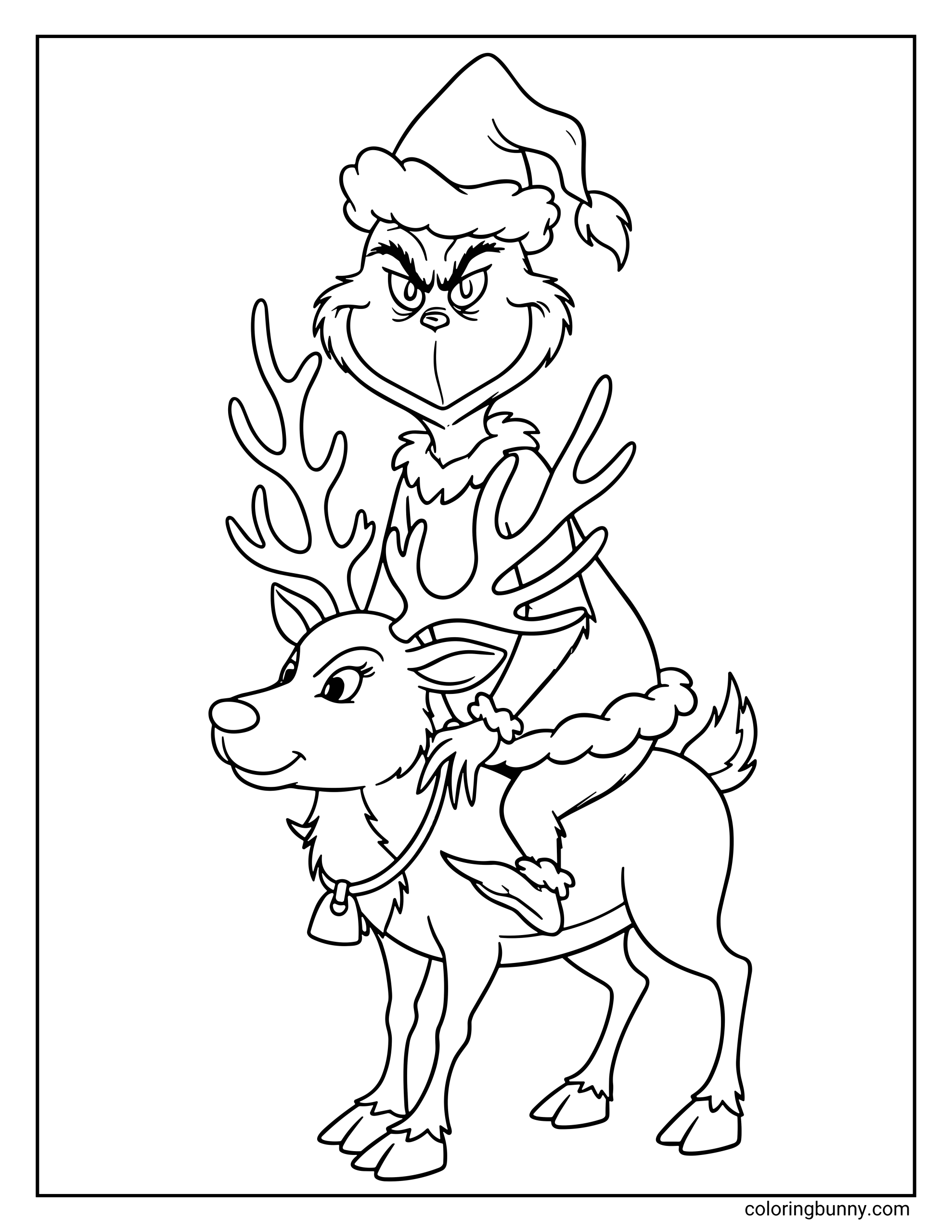 A Grinch coloring page showing the Grinch in a Santa hat riding on the back of a cheerful reindeer with large antlers.