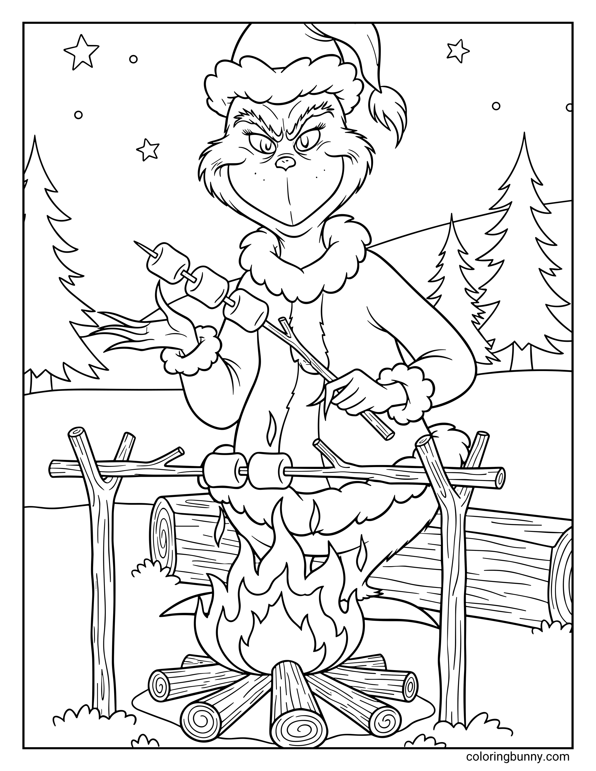 A Grinch coloring page showing the Grinch in a Santa outfit roasting marshmallows over a campfire at night, with trees, stars, and logs around him.