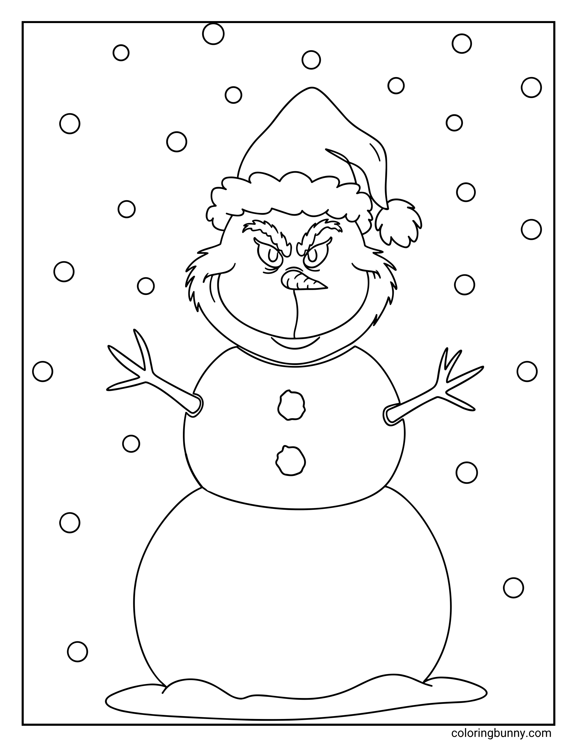 A Grinch coloring page showing the Grinch dressed as a snowman with twig arms, button details, and a Santa hat, surrounded by falling snow.