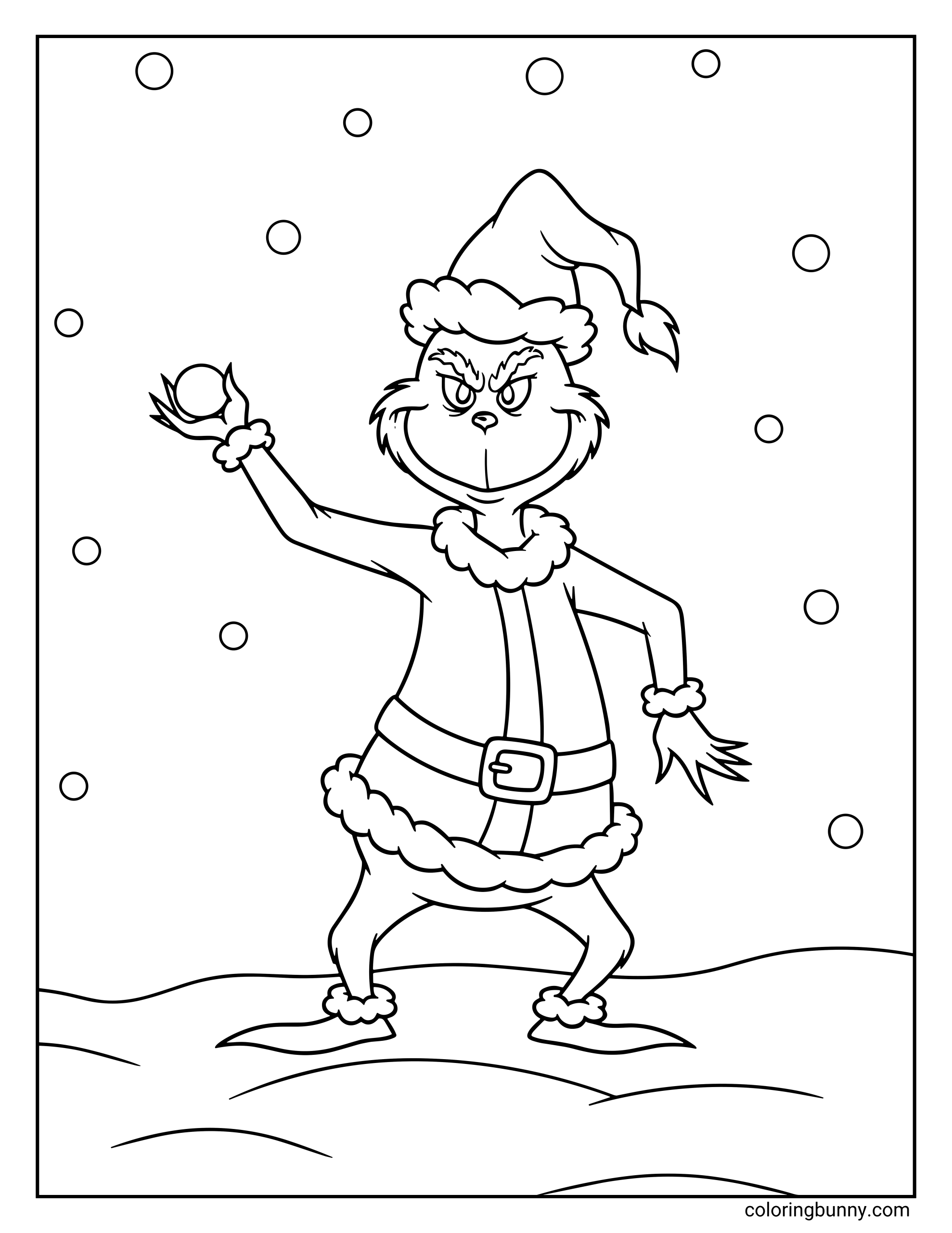 A Grinch coloring page showing the Grinch in a Santa outfit holding a snowball and standing in the snow while large snowflakes fall around him.
