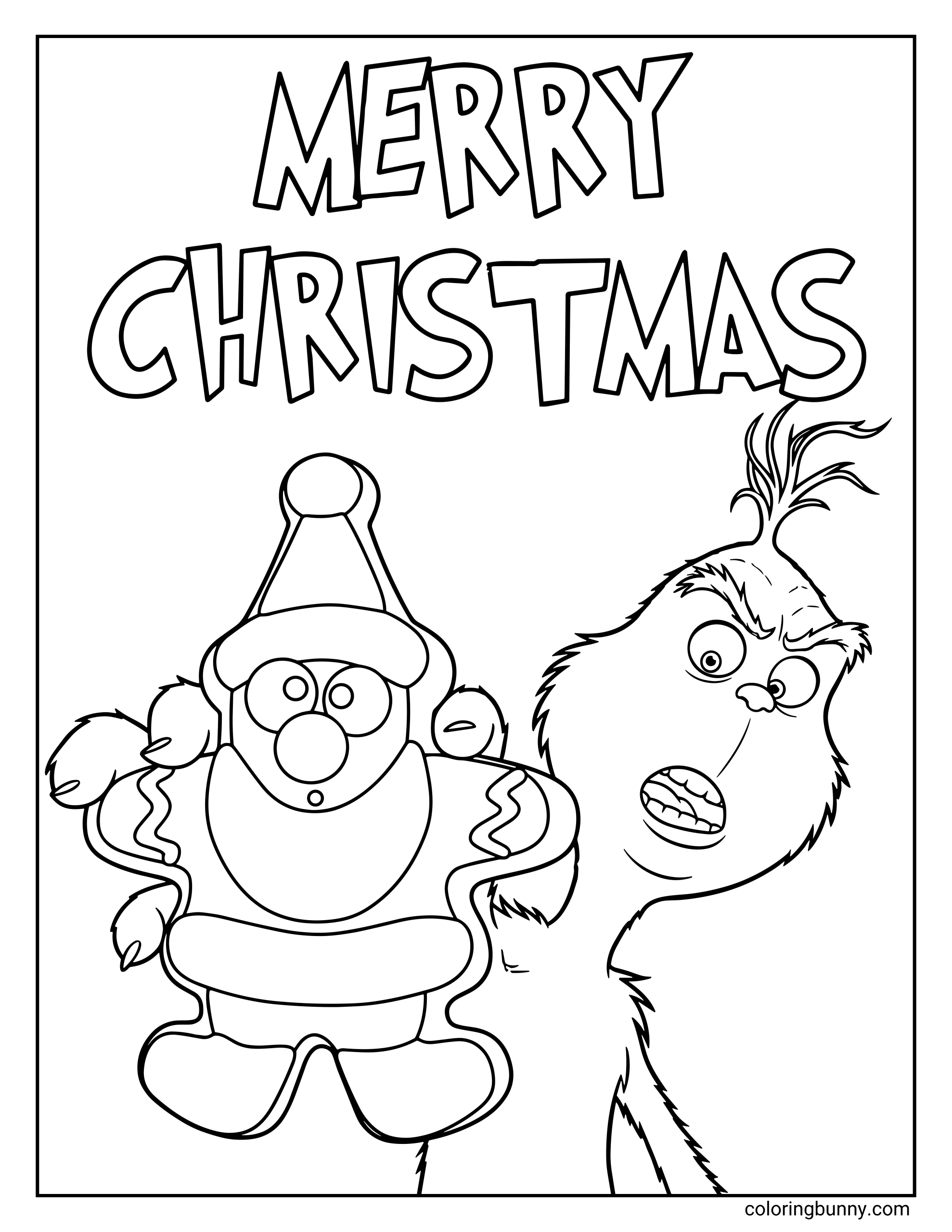 A Grinch coloring page showing the Grinch holding a surprised gingerbread man cookie next to the words “Merry Christmas.”