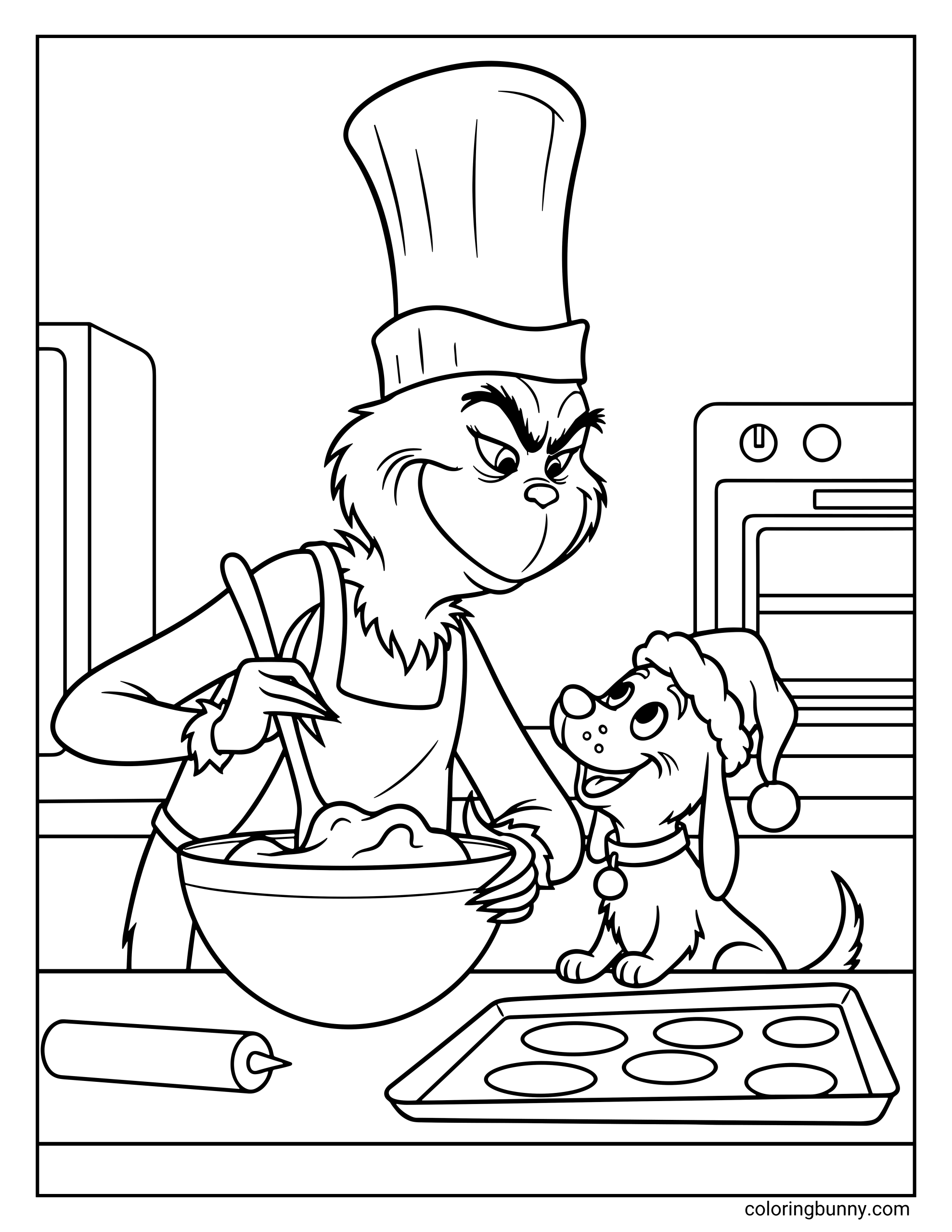 A Grinch coloring page showing the Grinch wearing a tall chef hat and apron while stirring cookie dough in a mixing bowl, with Max the dog in a Santa hat watching excitedly beside a baking tray.