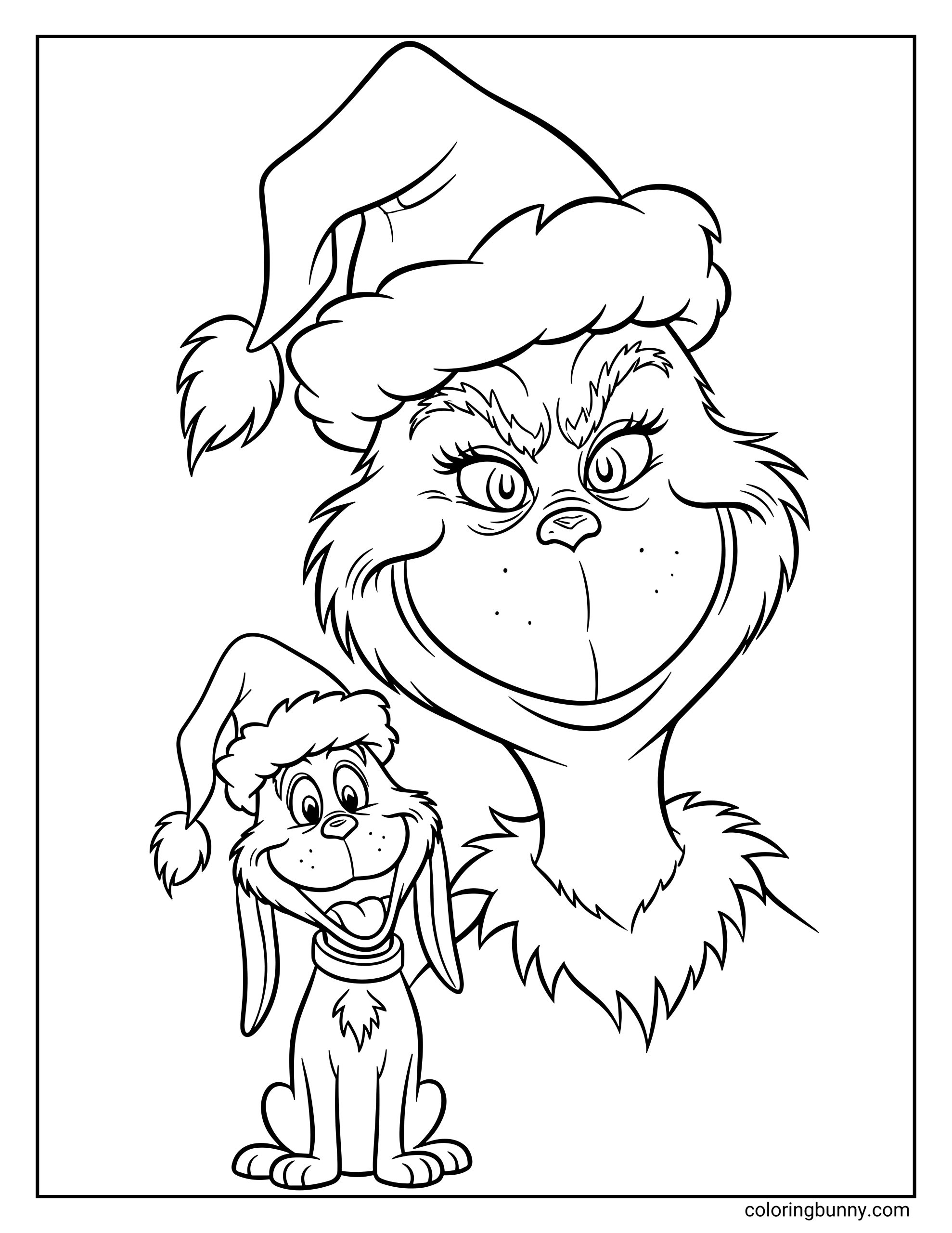 A Grinch Christmas coloring page showing the Grinch and his dog Max both wearing Santa hats, with Max smiling happily and the Grinch giving a mischievous grin.