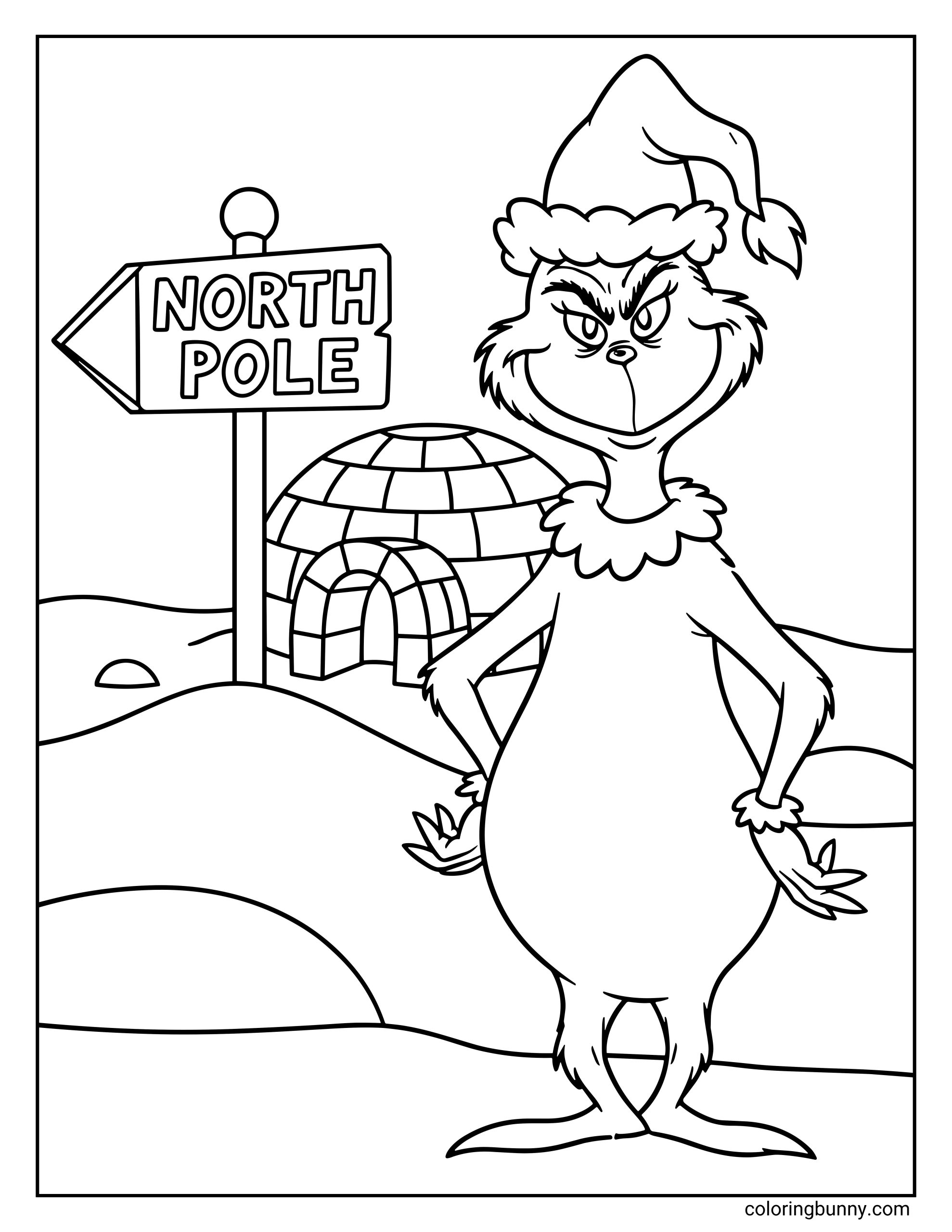 A Christmas Grinch coloring page showing the Grinch wearing a Santa hat, standing with hands on hips beside a North Pole sign and an igloo in a snowy landscape.