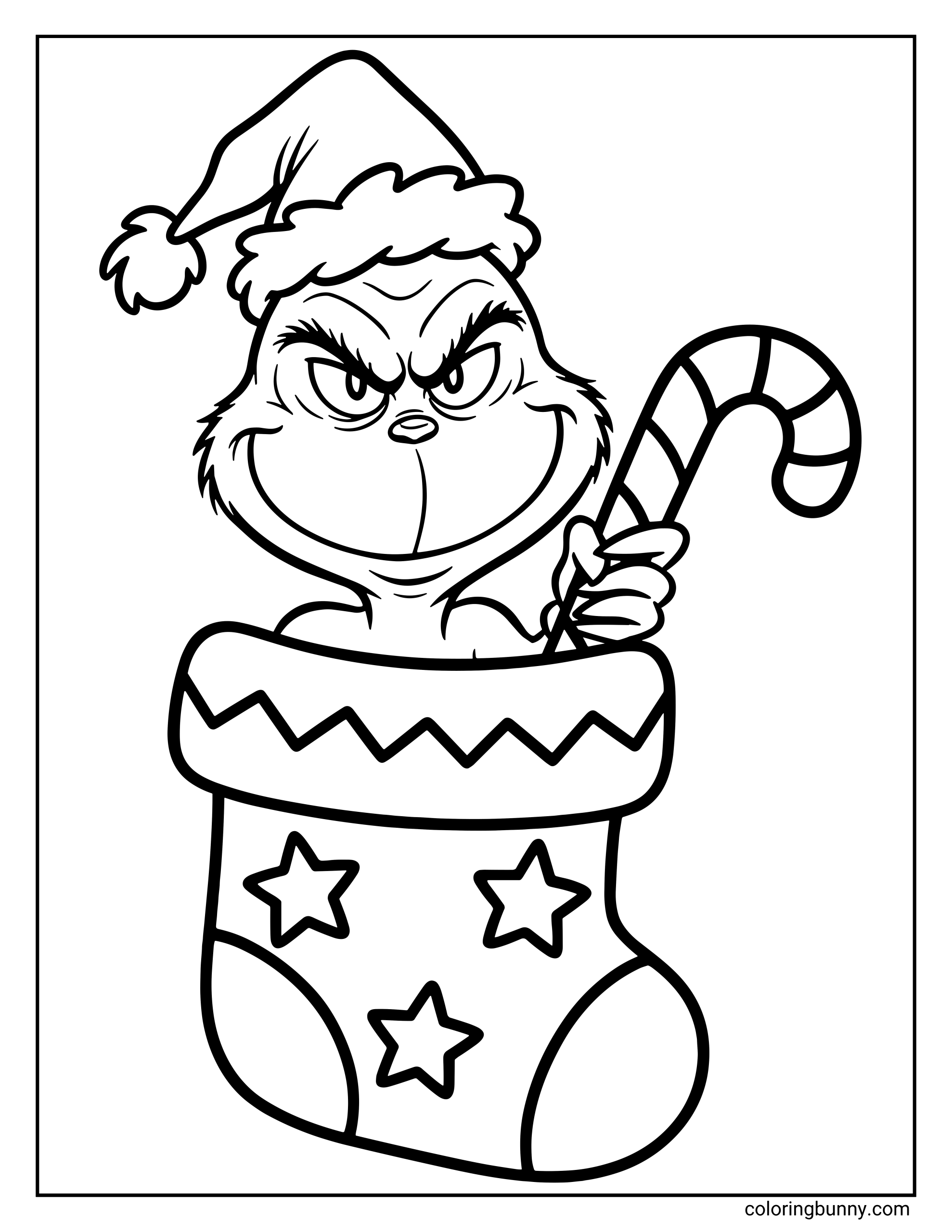 A Grinch coloring page showing the Grinch in a Santa hat popping out of a Christmas stocking while holding a candy cane, with stars decorating the stocking.