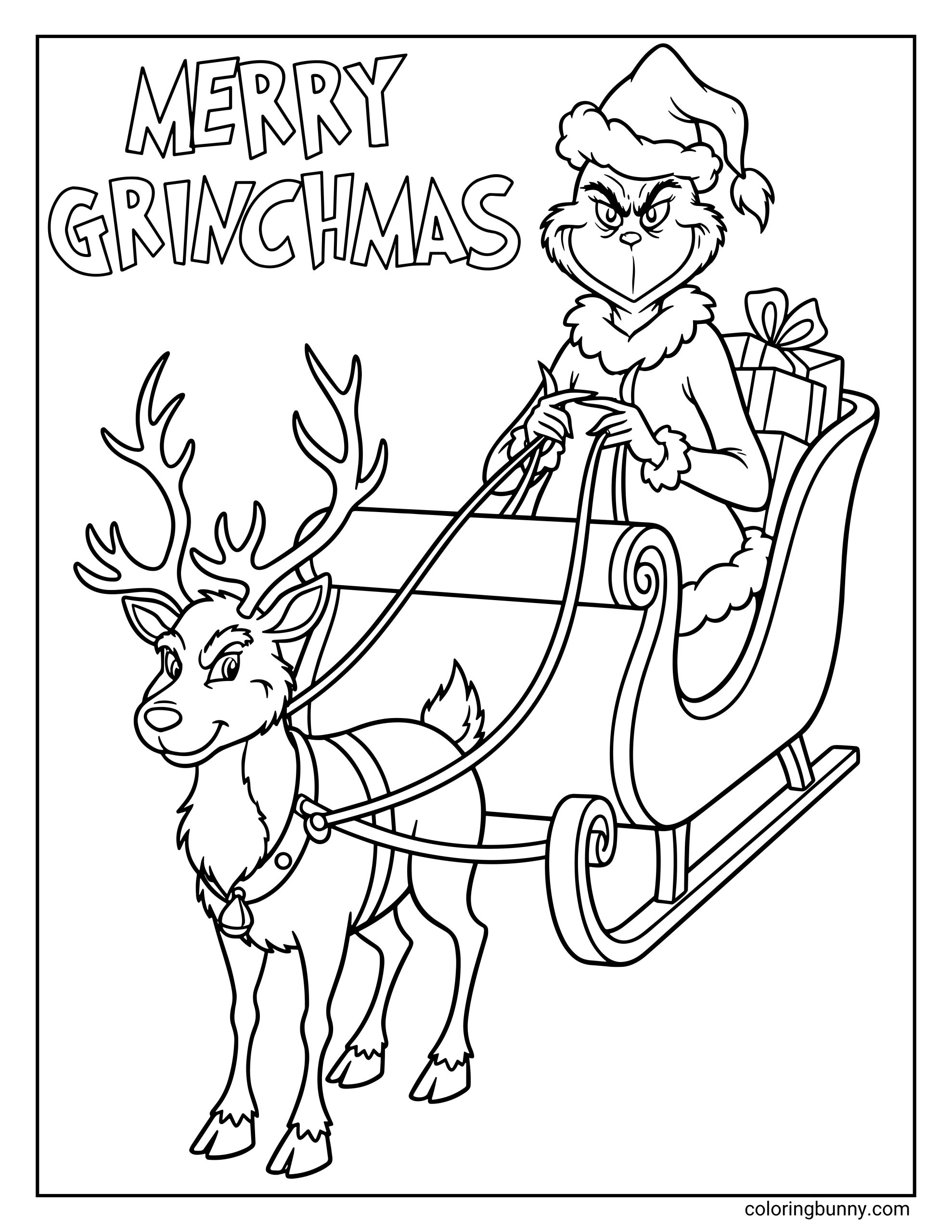 A Grinch coloring page showing the Grinch in a Santa hat riding a sleigh filled with presents, being pulled by a cheerful reindeer, with the words “Merry Grinchmas” above.