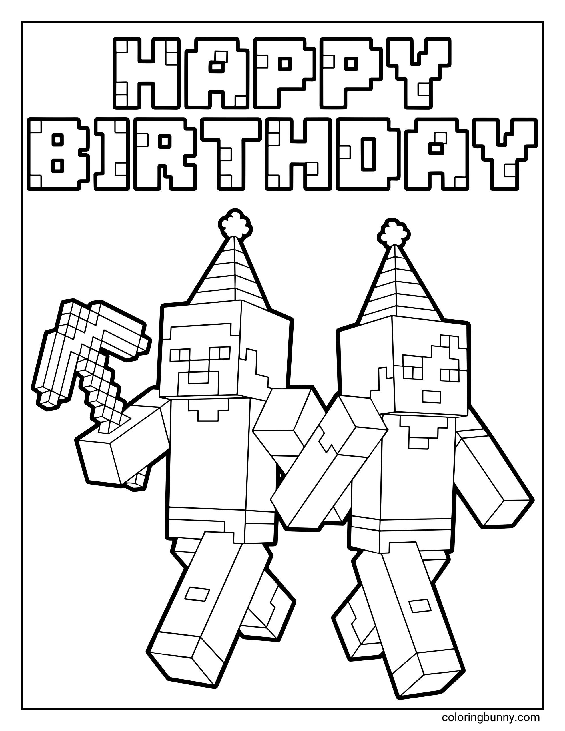 A Minecraft coloring page featuring Steve and Alex wearing birthday party hats and walking together under a large pixelated “Happy Birthday” sign, with Steve holding a pickaxe.