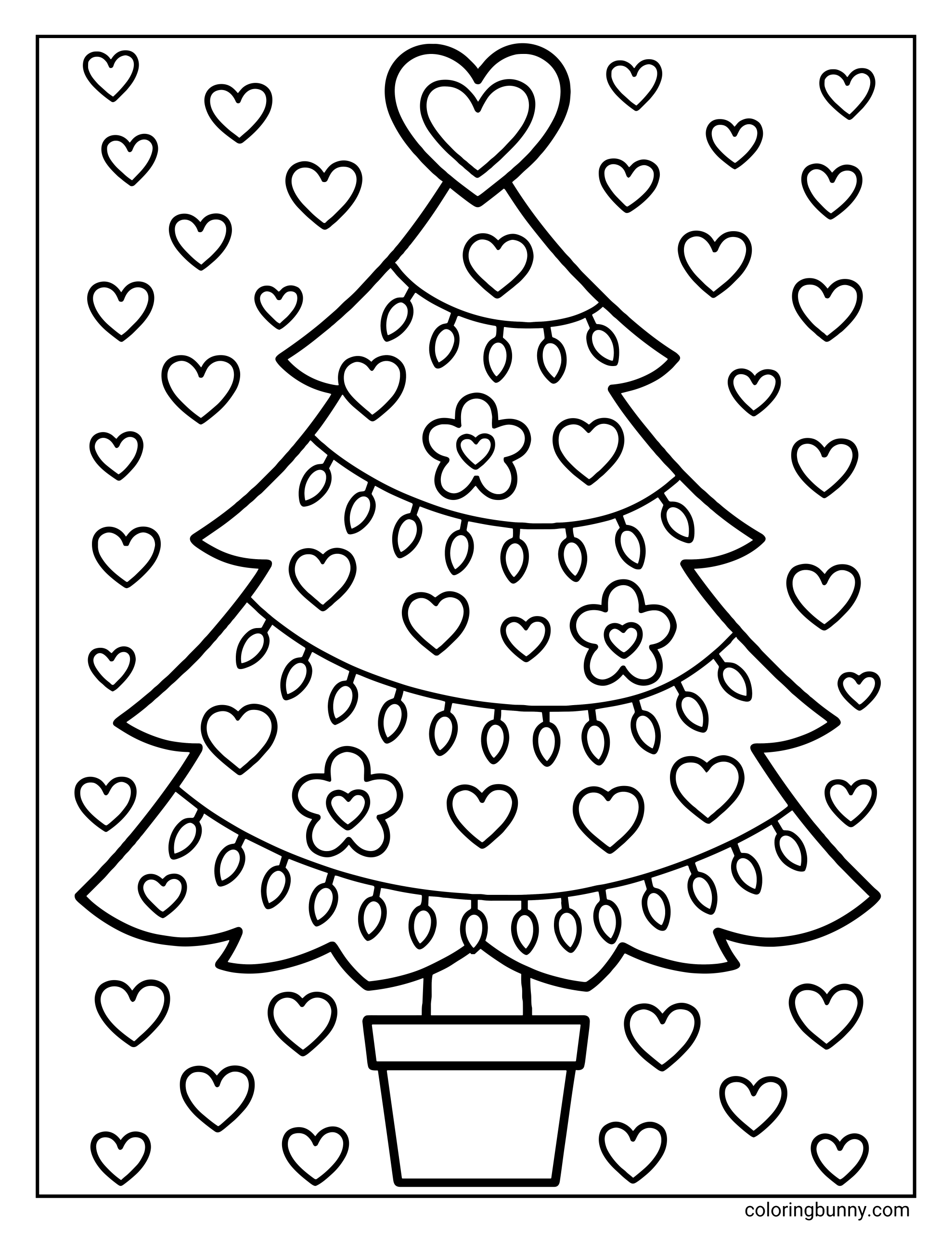 A kids coloring page of a potted Christmas tree topped with a large heart. The branches are draped with string lights and decorated with heart and flower ornaments, surrounded by a background of floating hearts.