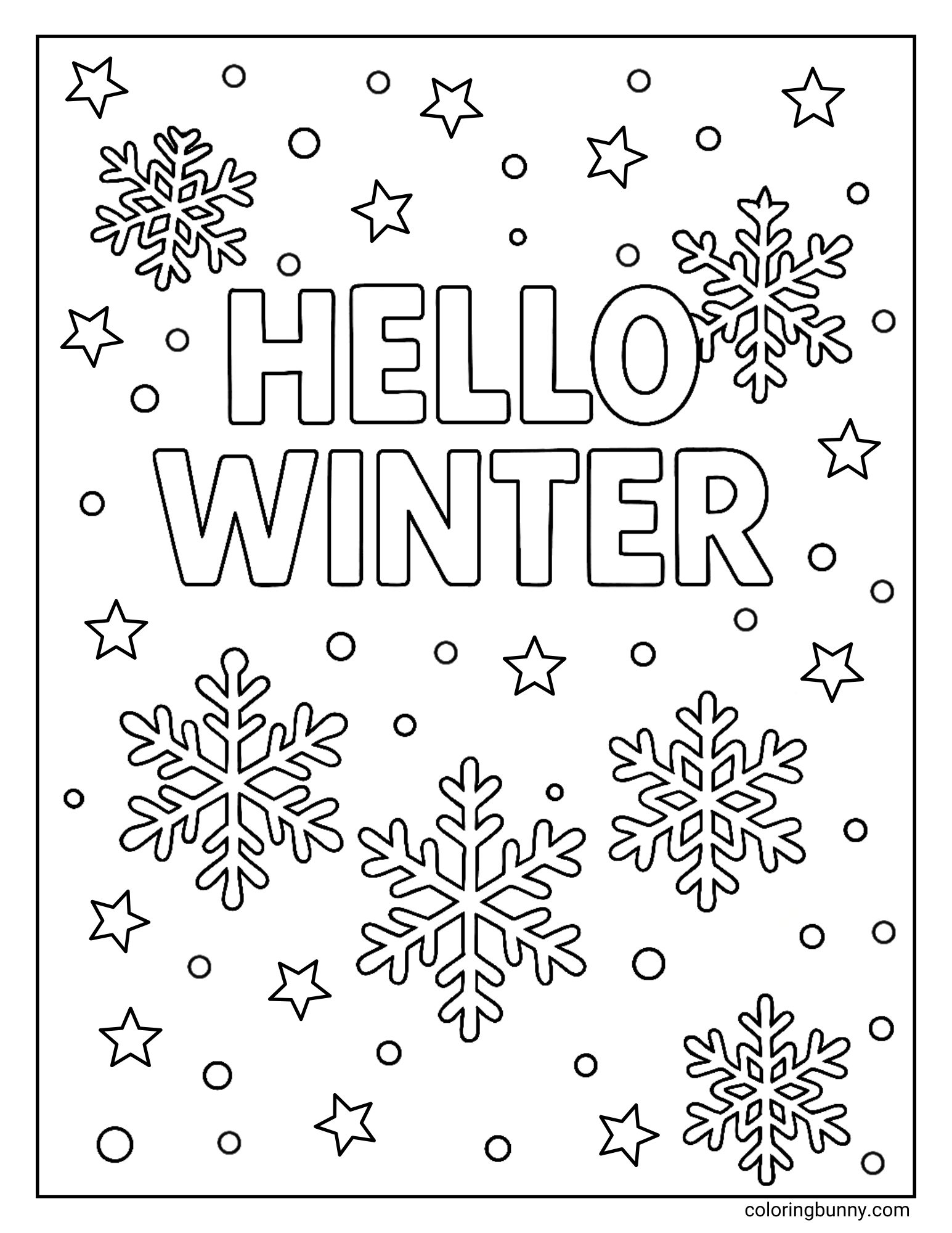A printable winter coloring sheet featuring the phrase "HELLO WINTER" written in large, bold outline letters. The text is surrounded by falling snowflakes, five-pointed stars, and small snow dots filling the background.