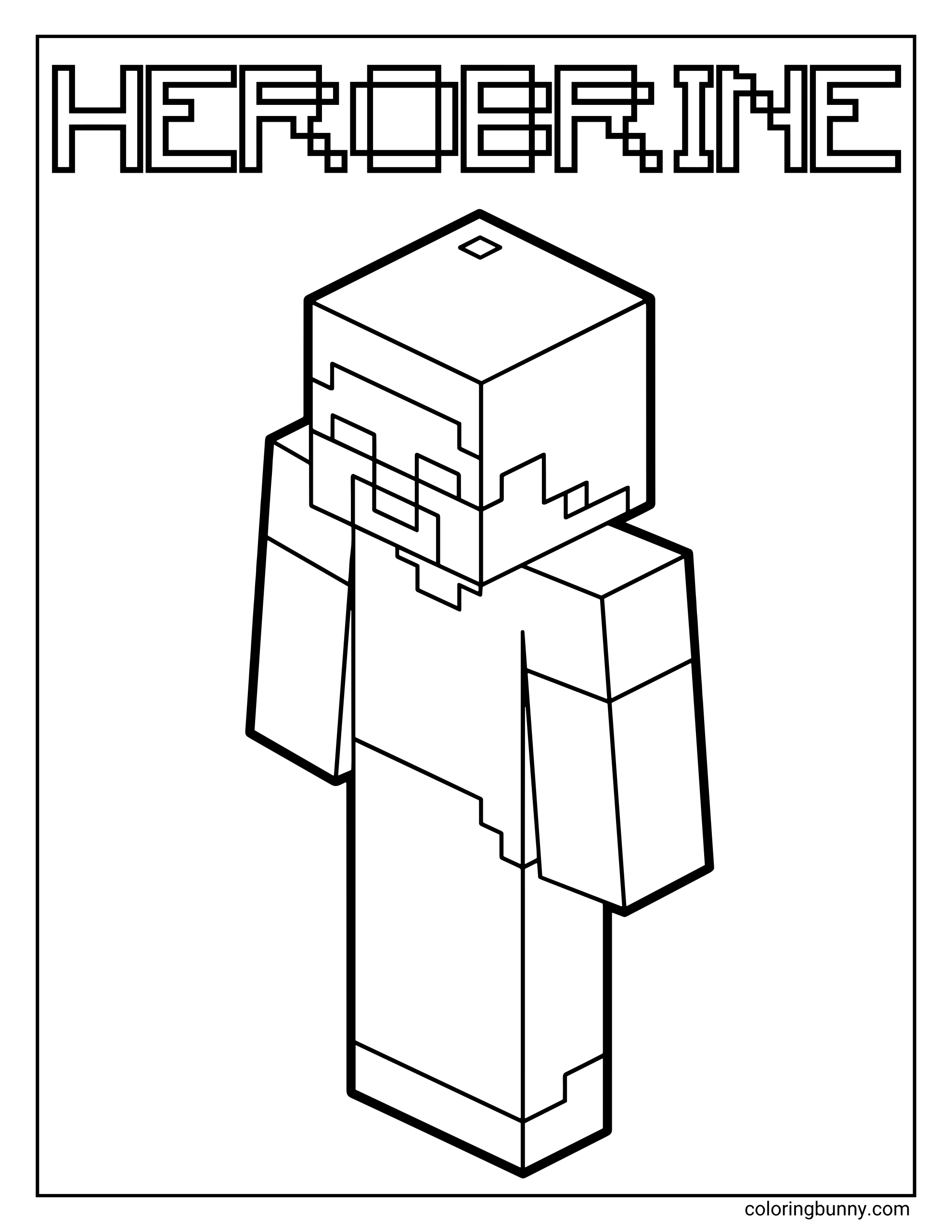 A Minecraft coloring page featuring Herobrine, the mysterious character with glowing white eyes and a blocky design, standing tall and eerie in the game’s classic pixel style.