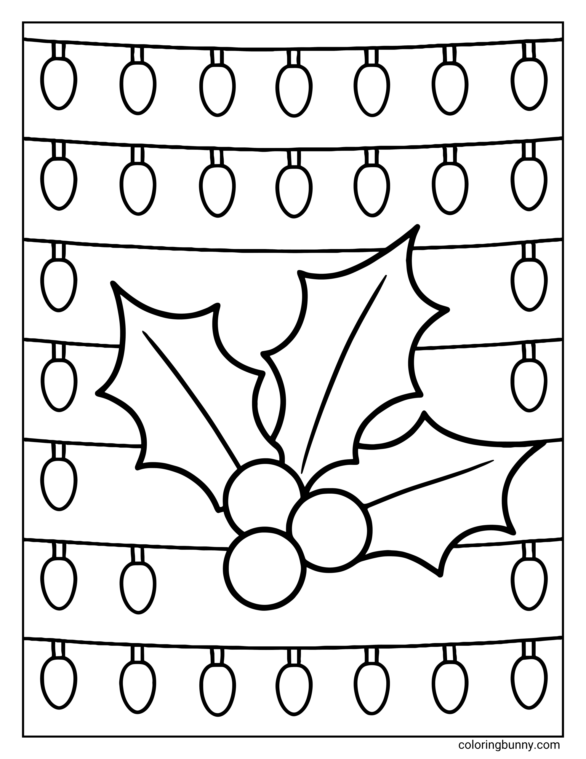 A coloring page featuring a sprig of holly with two leaves and three berries in the center. The background is filled with horizontal rows of hanging Christmas light bulbs.