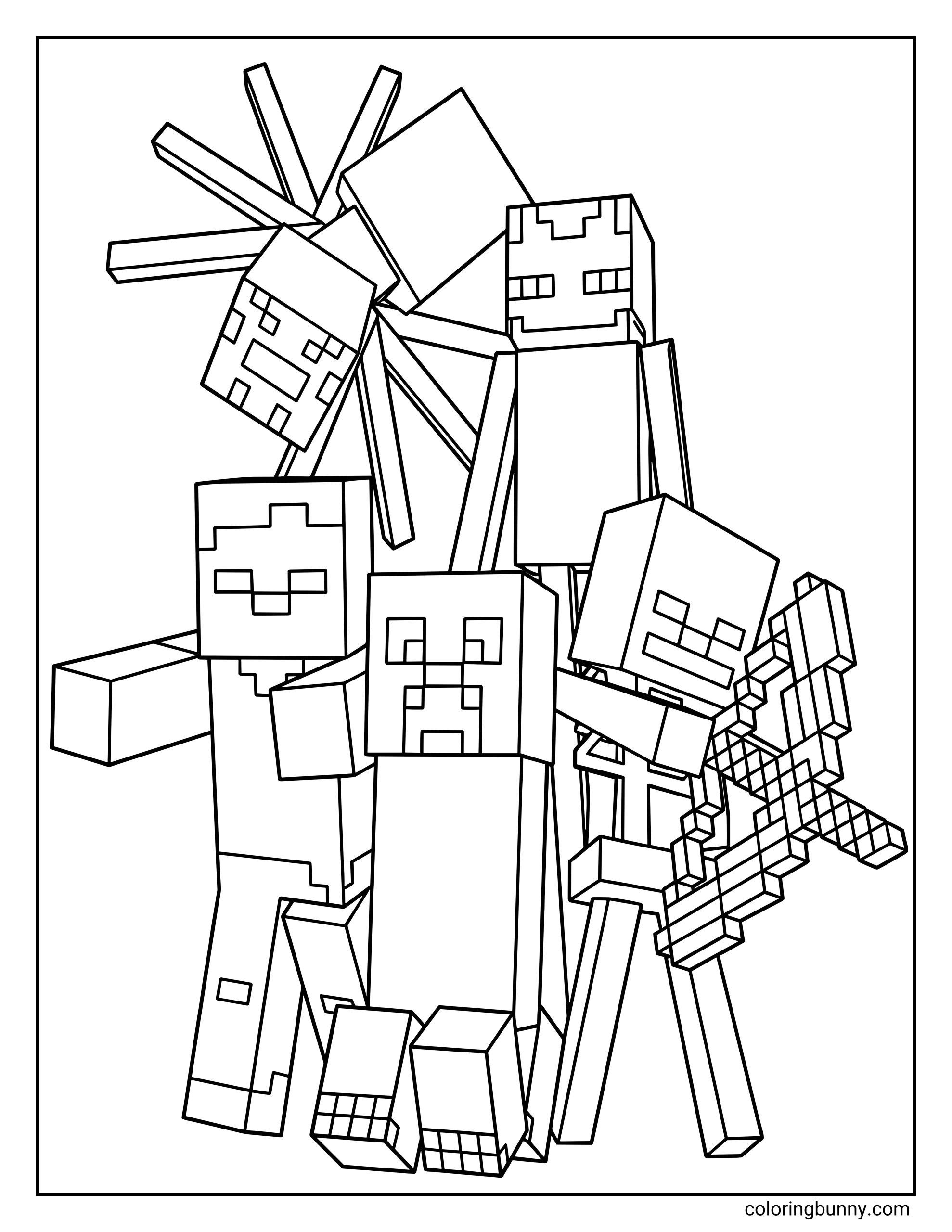 A Minecraft hostile mobs coloring page featuring Creeper, Skeleton with bow, Enderman, Zombie, and Spider standing together in a detailed, blocky scene.