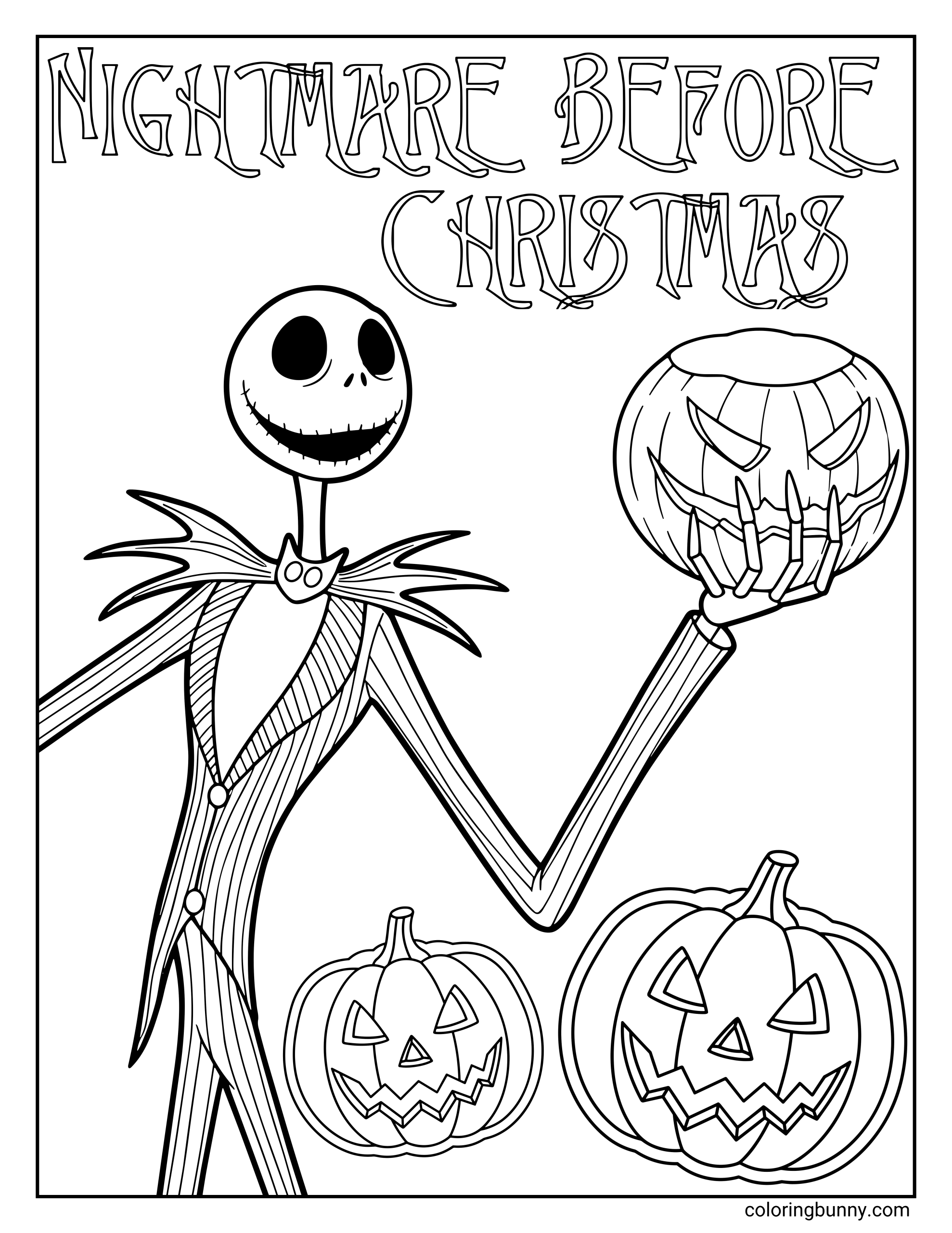 A Nightmare Before Christmas coloring page featuring Jack Skellington standing tall with his stitched smile, holding a sinister-looking carved pumpkin in one hand. Two jack-o’-lanterns sit at his feet, and the words “Nightmare Before Christmas” appear across the top.