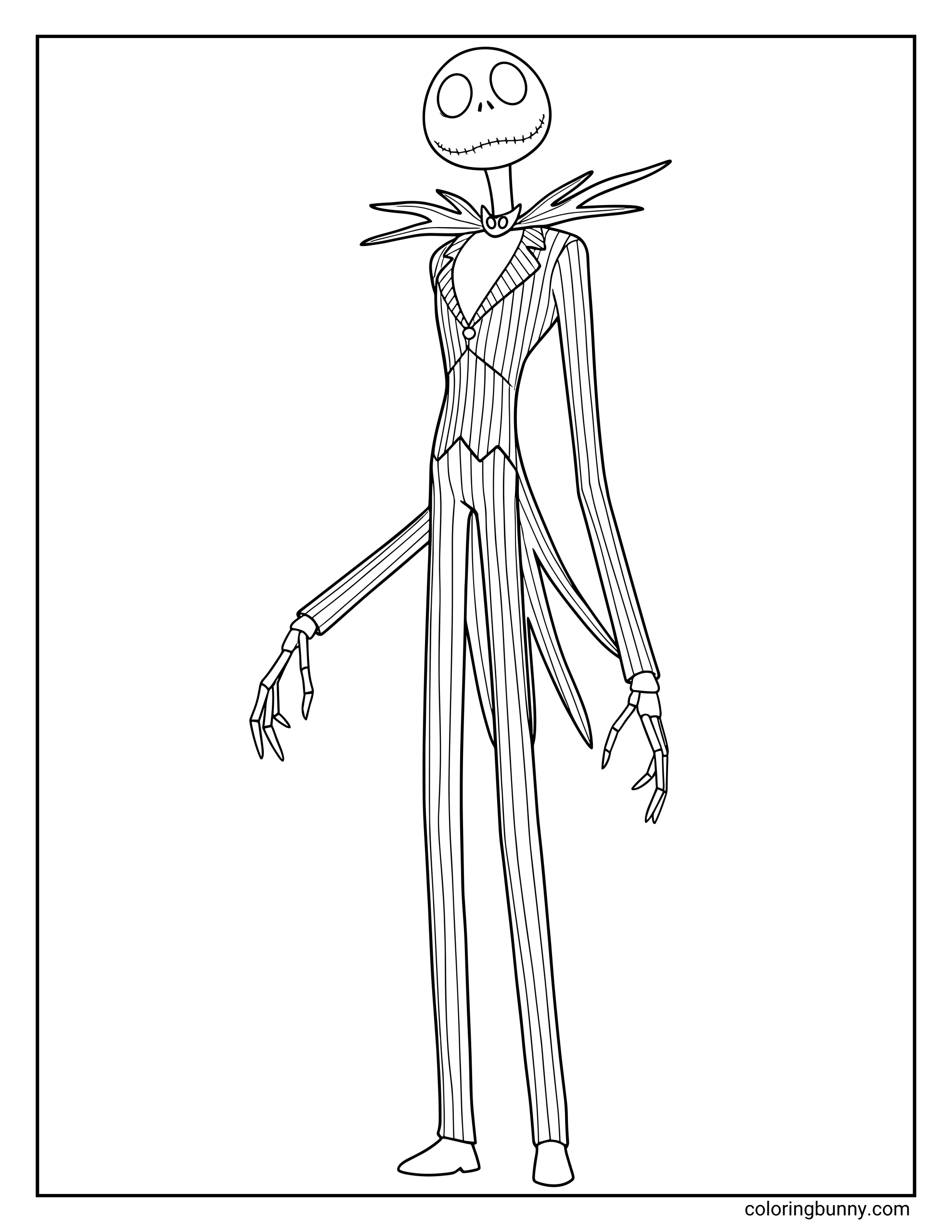 A Nightmare Before Christmas coloring page featuring Jack Skellington standing tall in his pinstripe suit. His long arms hang at his sides, and he wears his iconic bat bow tie, stitched smile, and skeletal features.
