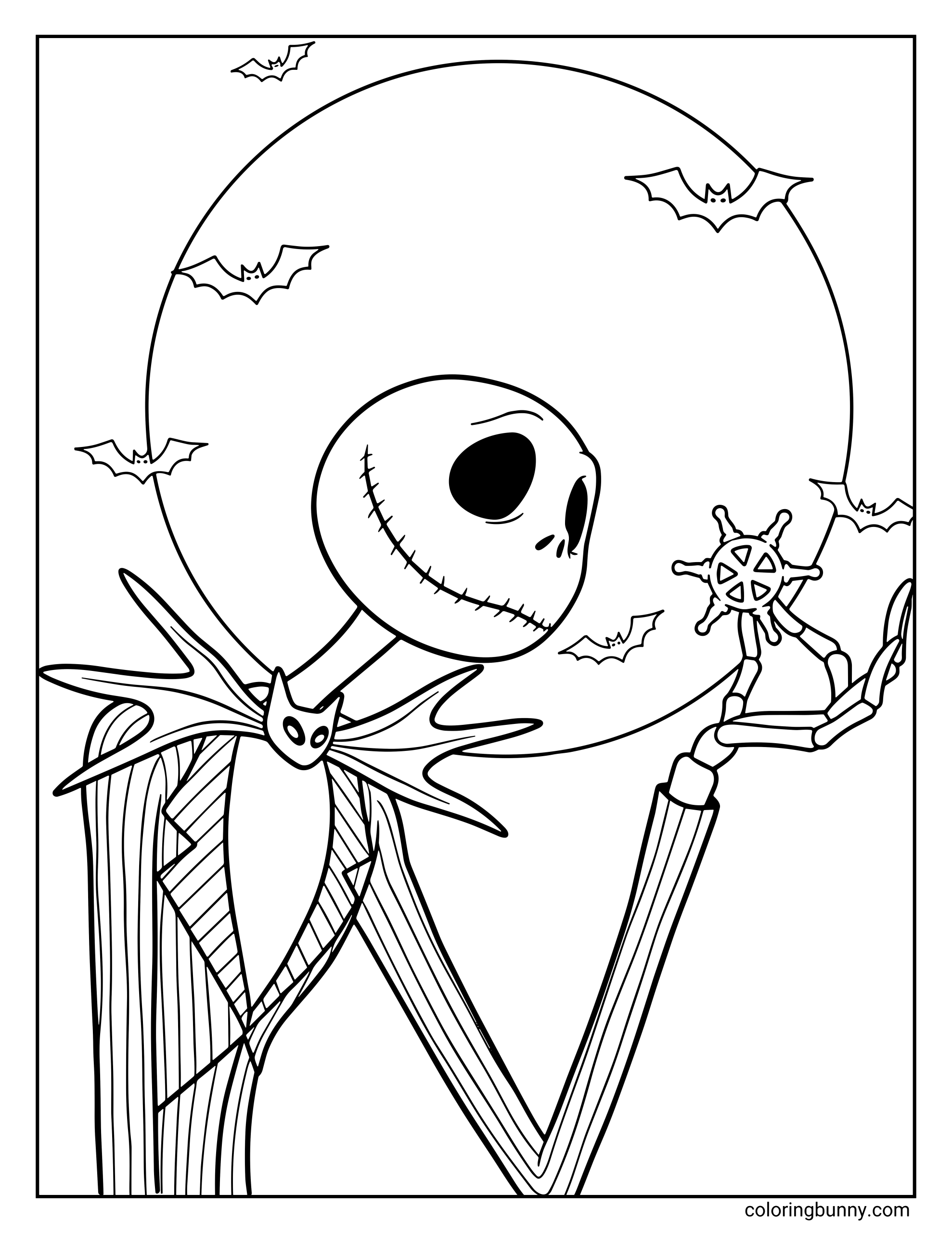 A Nightmare Before Christmas coloring page featuring Jack Skellington holding a small toy-like figure in his skeletal hand. Behind him is a huge full moon with several bats flying across it. Jack wears his pinstripe suit and bat bow tie, smiling with his stitched grin.
