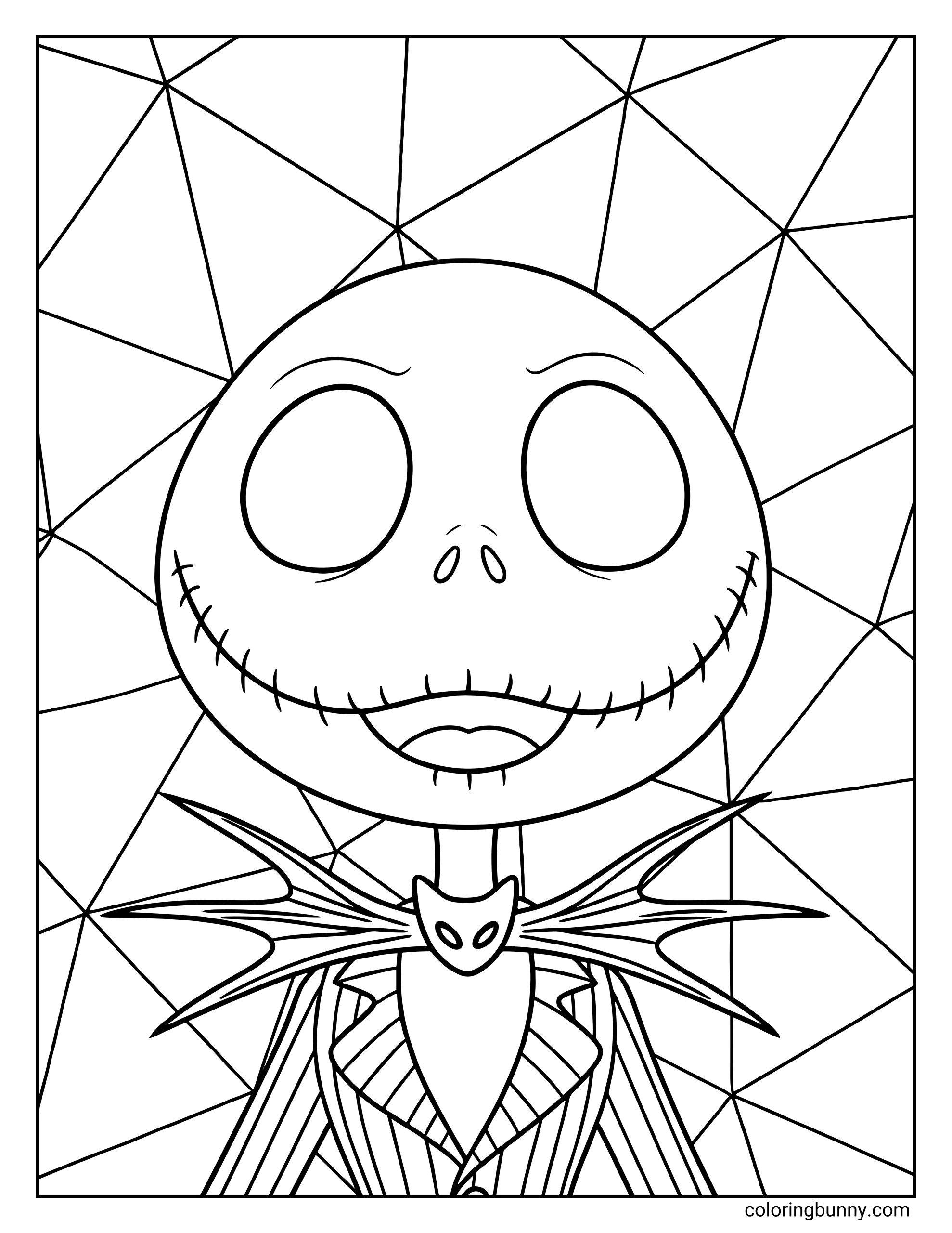 A Nightmare Before Christmas coloring page of Jack Skellington with a large close-up of his face, wearing his iconic pinstripe suit and bat bow tie. Behind him is a geometric background made of intersecting lines.