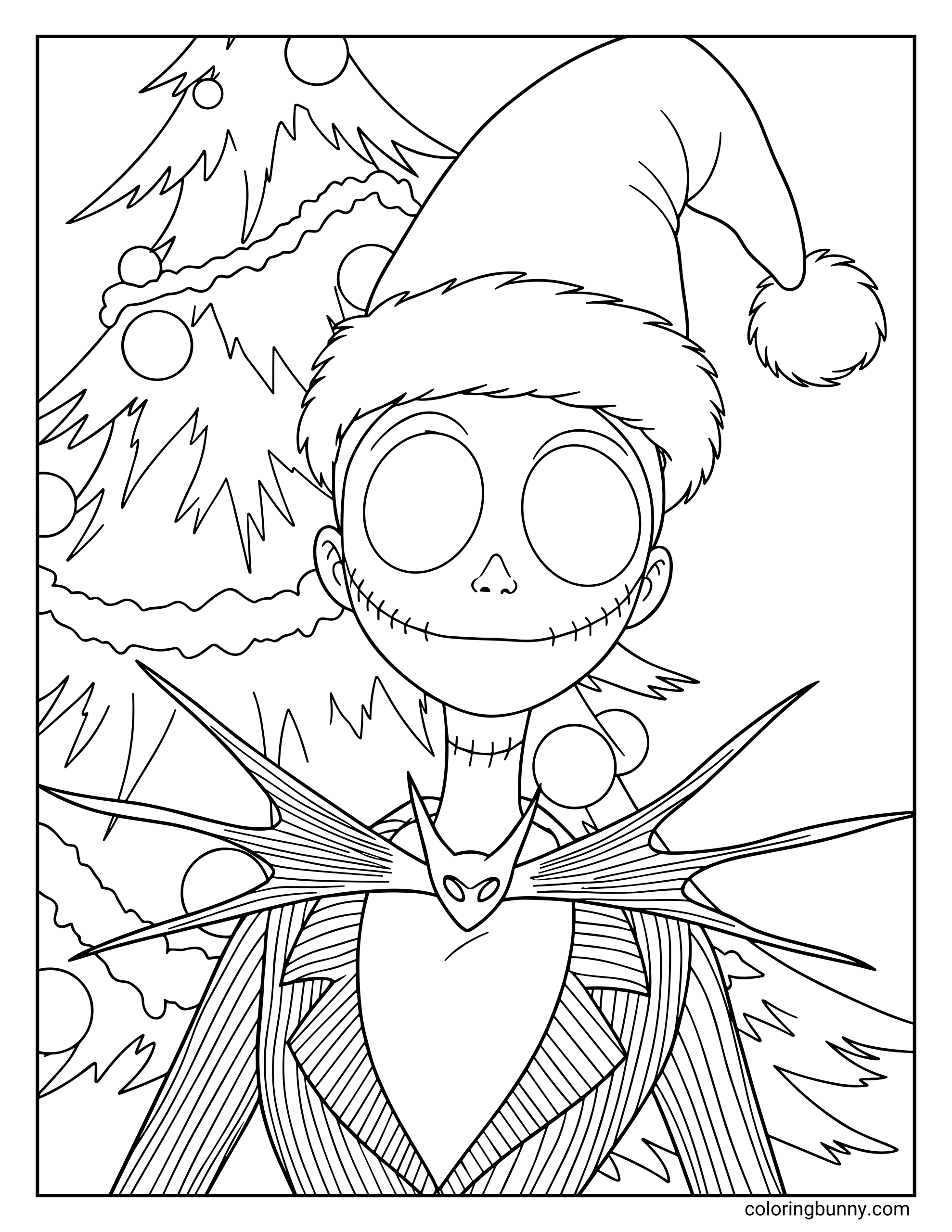 A Nightmare Before Christmas coloring page featuring Jack Skellington wearing a Santa hat and his pinstripe suit. He stands in front of a decorated Christmas tree with ornaments and garland, smiling with his stitched mouth and wide eyes.