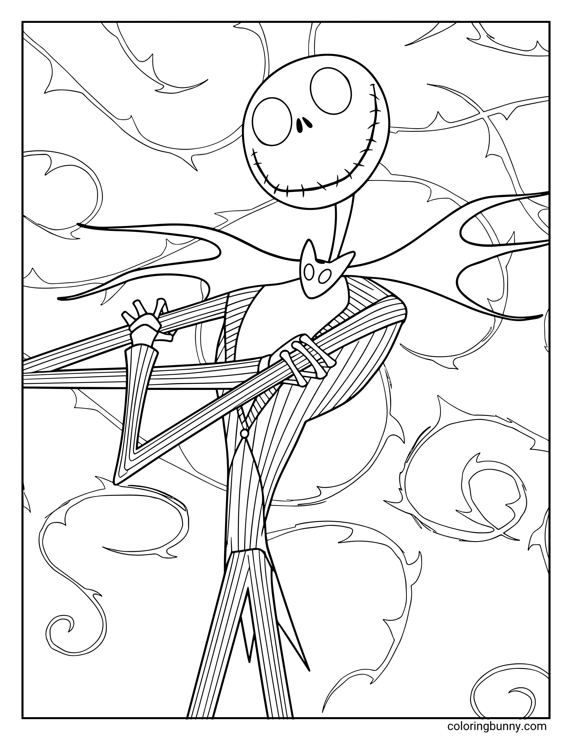 A Nightmare Before Christmas coloring page featuring Jack Skellington with his arms crossed, smiling widely. He wears his pinstripe suit and bat bow tie, with swirling, thorny shapes filling the background.