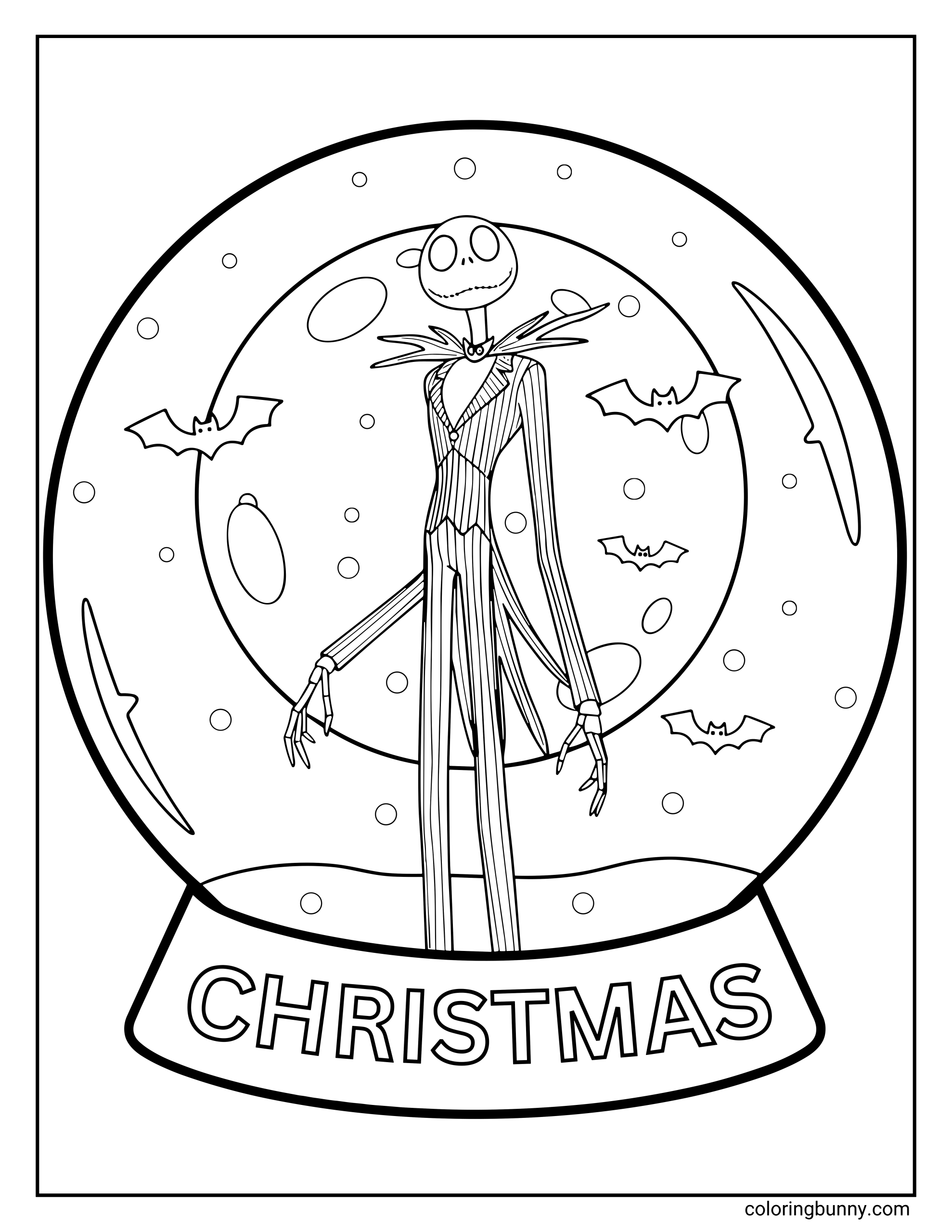 A Nightmare Before Christmas coloring page featuring Jack Skellington standing inside a large snow globe labeled “CHRISTMAS.” Snowflakes and small bats float around him while he wears his pinstripe suit and bat bow tie.
