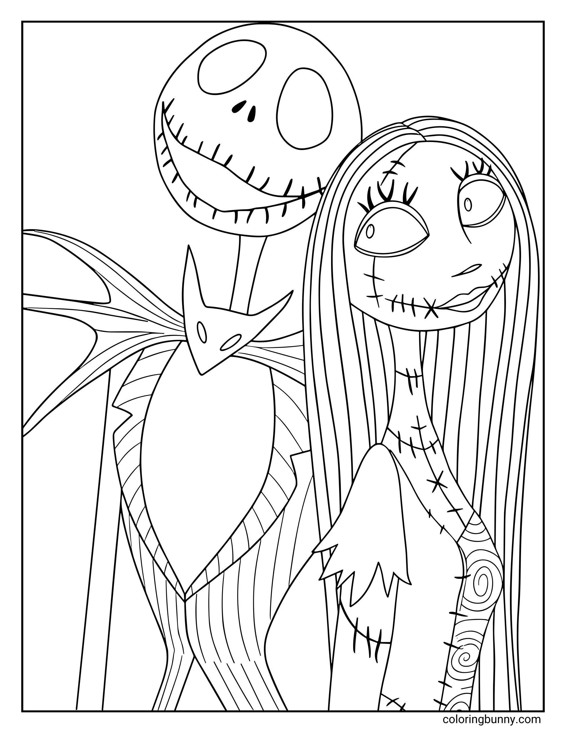 A Nightmare Before Christmas coloring page featuring Jack Skellington and Sally standing close together. Jack smiles with his stitched grin while Sally looks off to the side with her long hair falling over her patchwork dress. Both characters have their signature stitched details.
