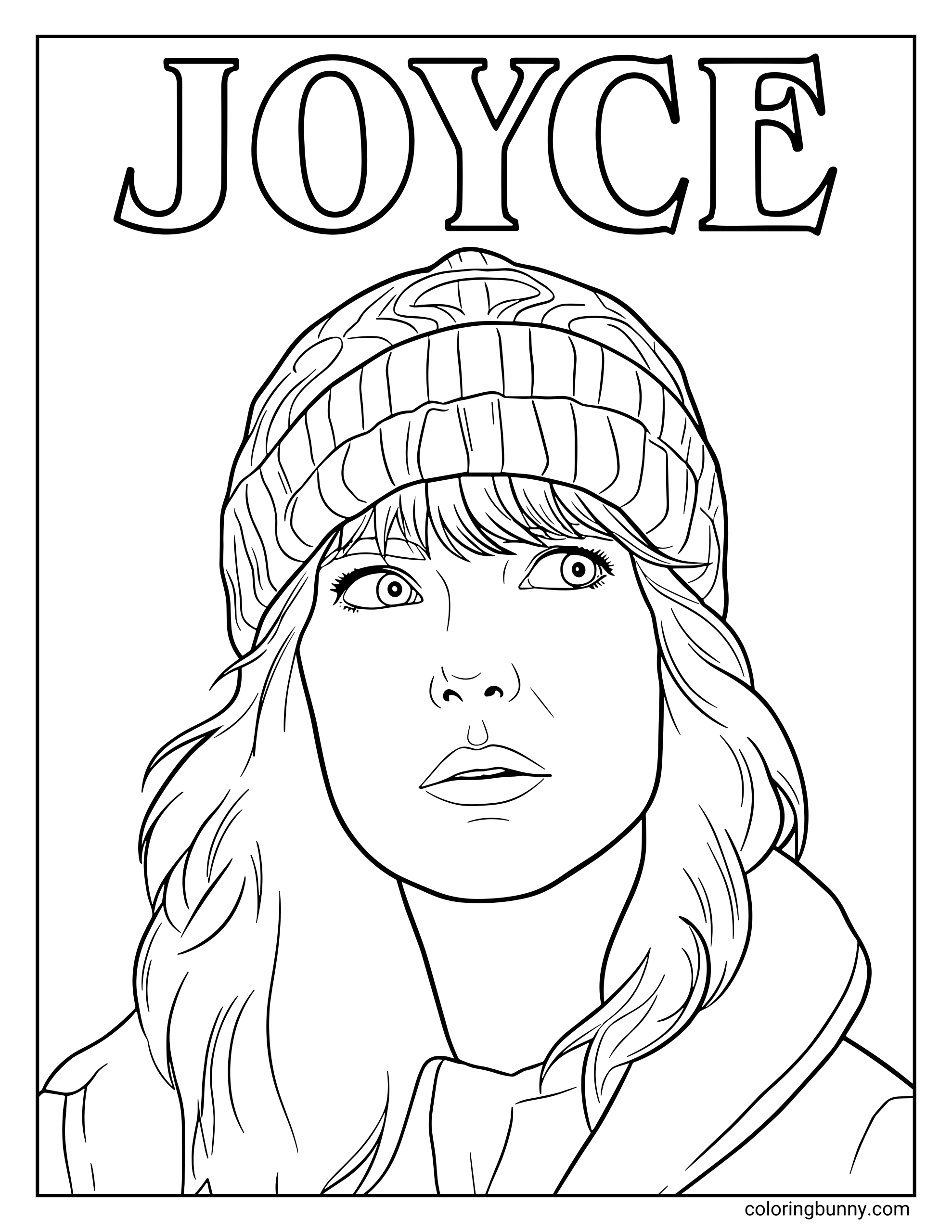 A Stranger Things coloring page of Joyce Byers wearing a winter hat and looking upward with a worried, determined expression.