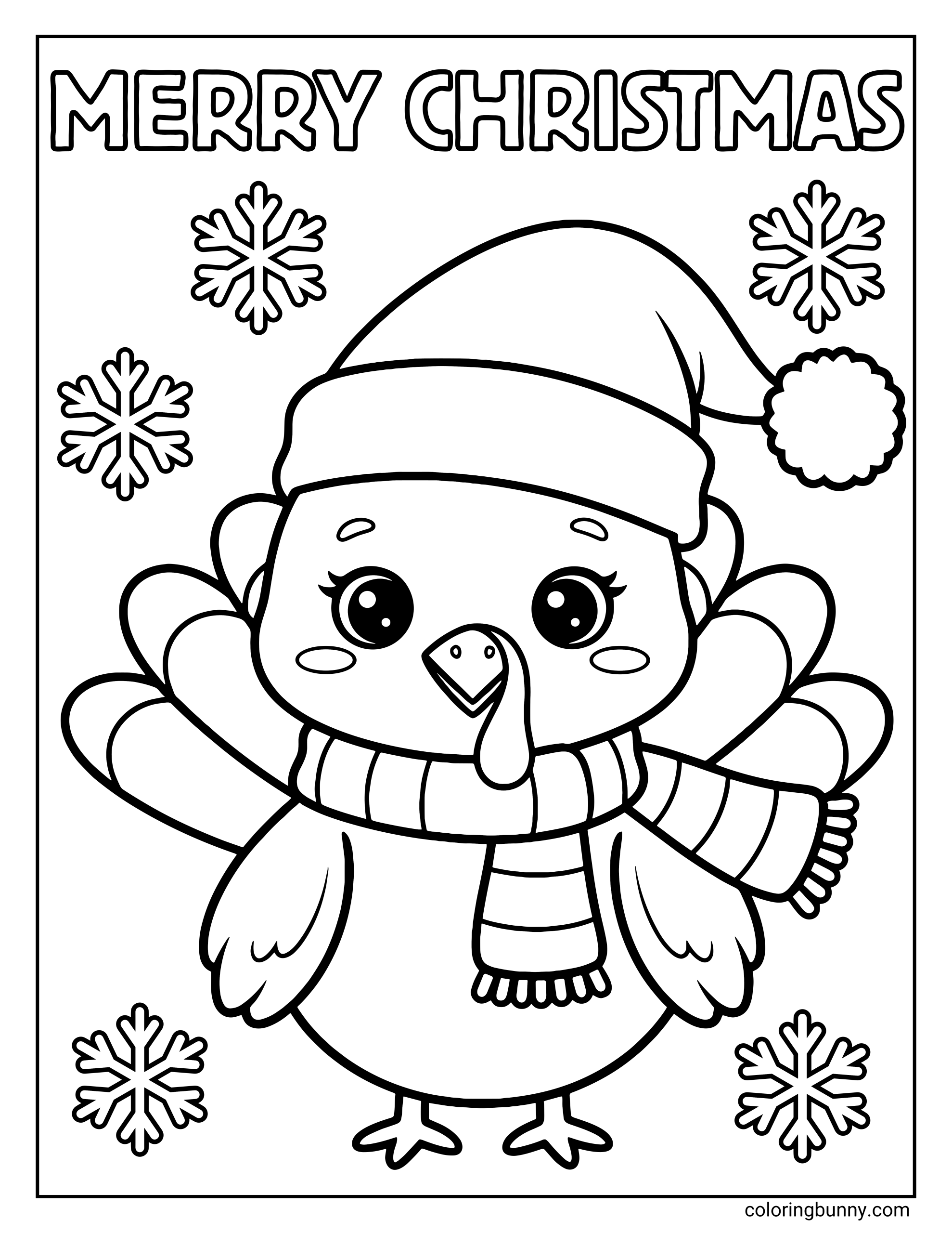 A festive coloring sheet featuring a cute kawaii turkey wearing a Santa hat and scarf. The bird is surrounded by snowflakes, with the text "MERRY CHRISTMAS" written in outline letters at the top.