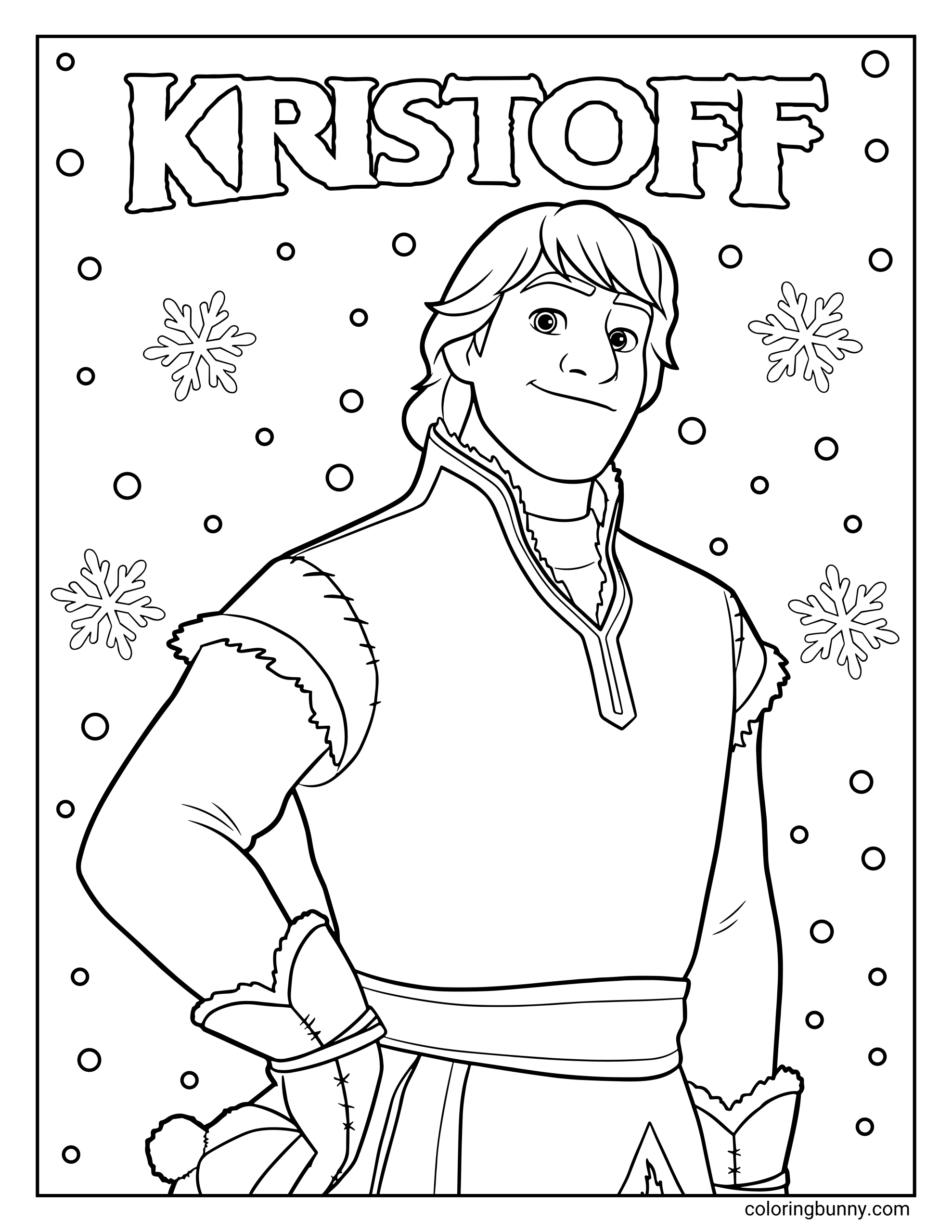 A Frozen coloring page featuring Kristoff standing confidently with one hand on his hip. His name “KRISTOFF” is written in bold icy letters at the top, with snowflakes and small circles scattered around him.