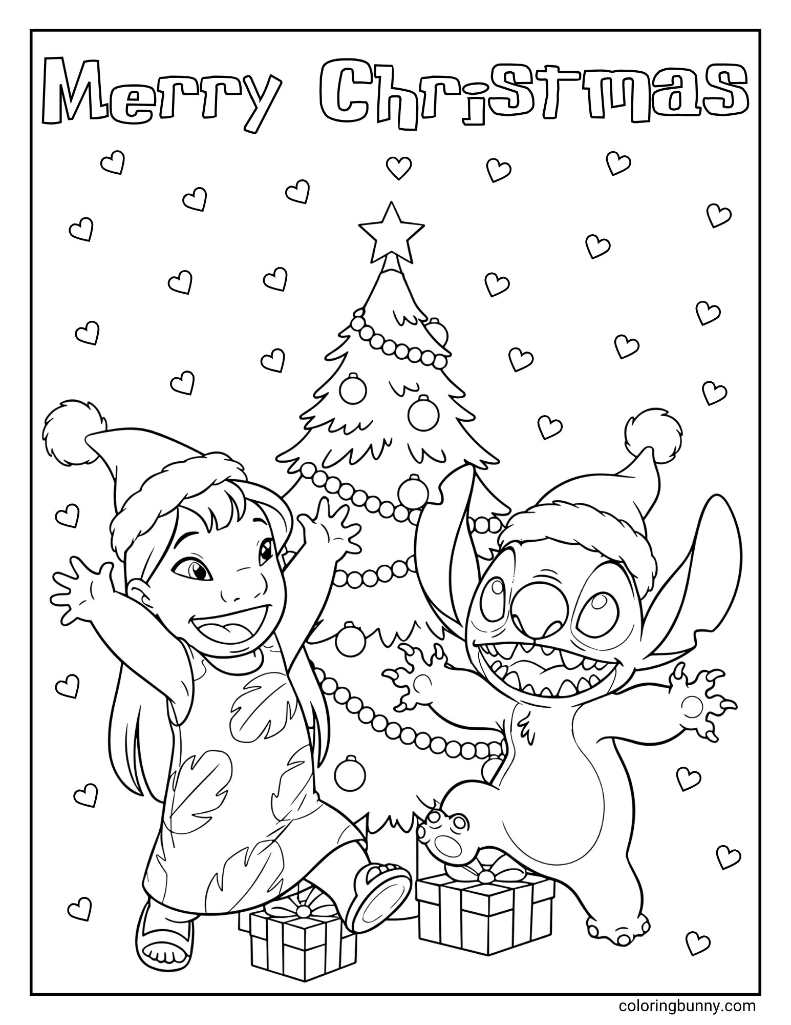 A black and white "Merry Christmas" coloring page. The characters Lilo and Stitch are wearing Santa hats and dancing excitedly in front of a decorated Christmas tree with presents at the bottom. The background is filled with hearts.