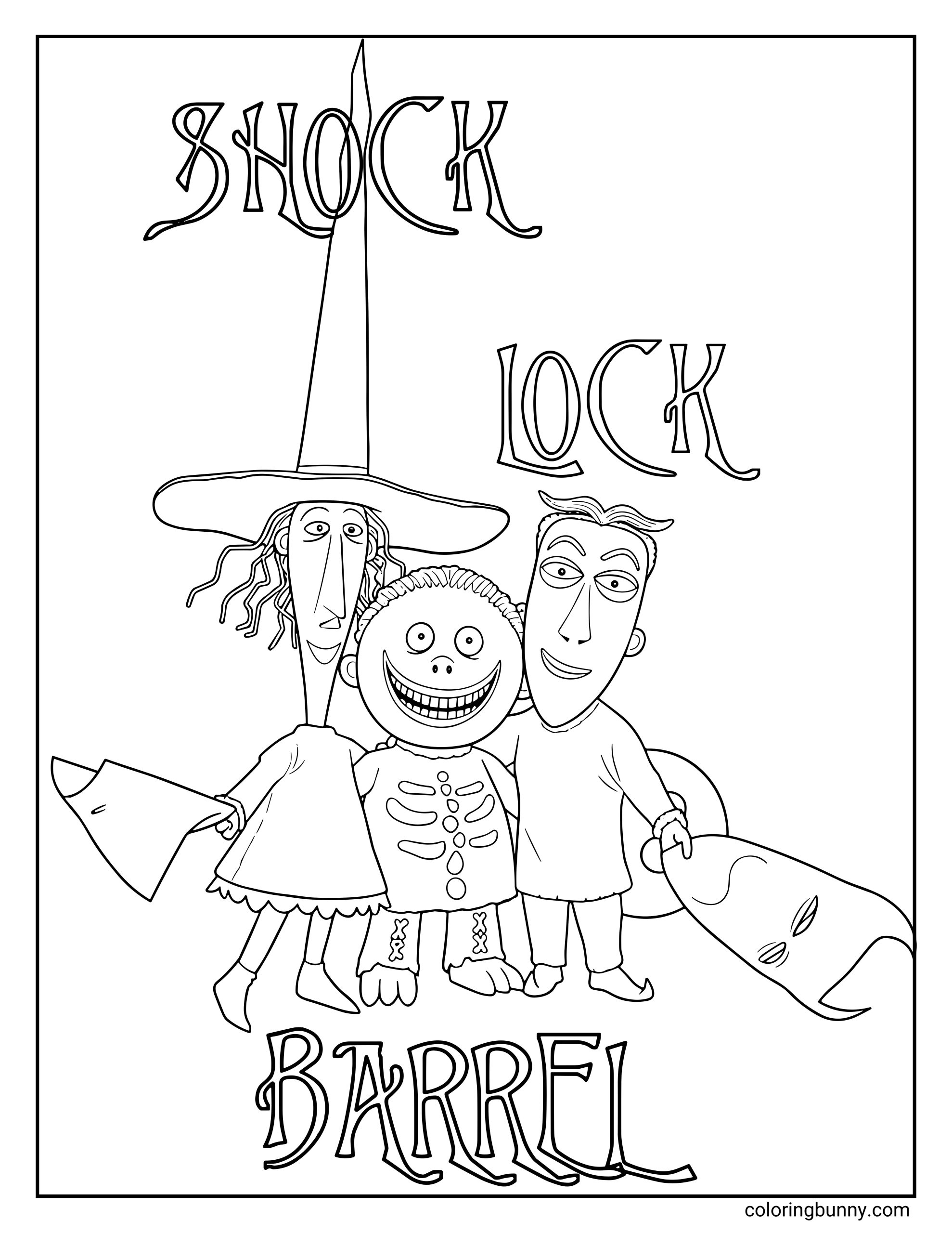 A Nightmare Before Christmas coloring page featuring the trio Lock, Shock, and Barrel standing together. Shock wears a tall witch hat and dress, Lock has a devilish grin and pointed mask, and Barrel shows his big round smile and skeleton costume. Their names appear above and below them in stylized lettering.