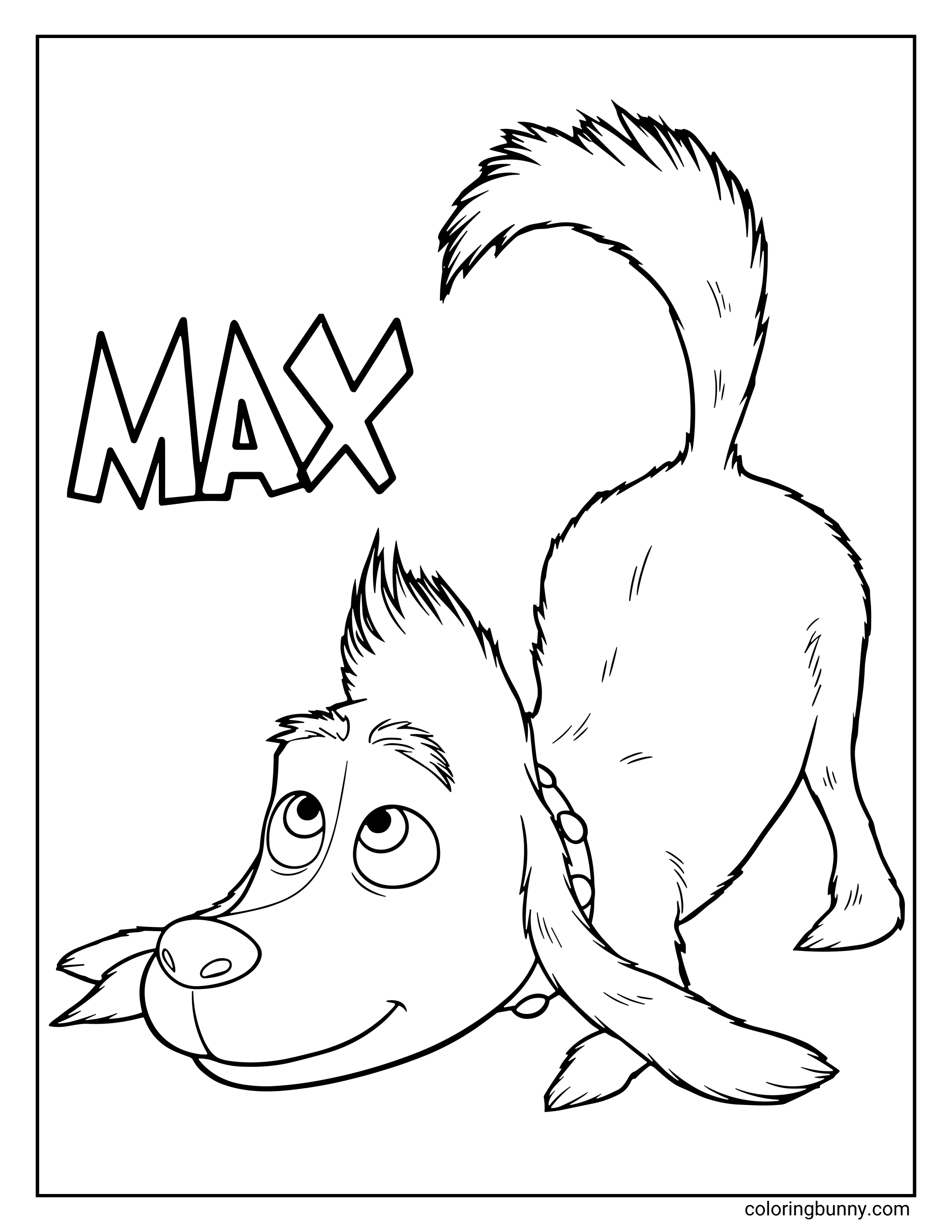 Max from The Grinch coloring page showing Max the dog playfully bowing with his tail up, smiling and looking upward, with his name “MAX” written beside him.
