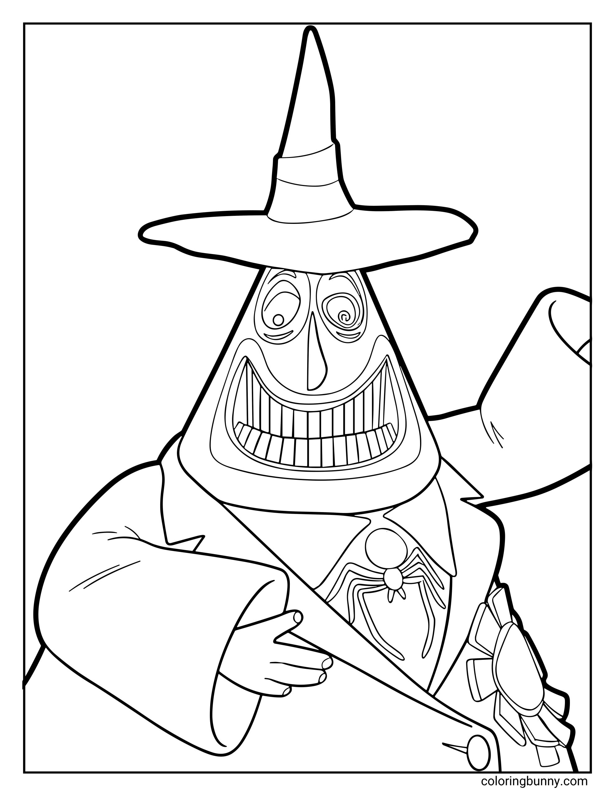 A Nightmare Before Christmas coloring page featuring the Mayor of Halloween Town with his tall hat, wide toothy grin, and spider-shaped bow tie. He’s wearing a suit with a large ribbon badge on the side and has one arm raised as if speaking excitedly.